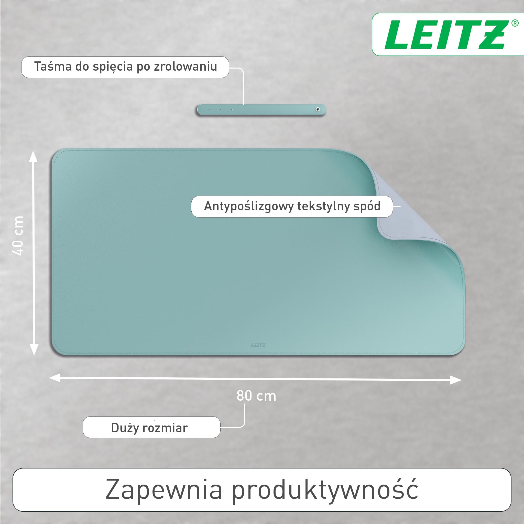Duża mata Leitz na biurko – Łatwa do czyszczenia, wodoodporna mata ochronna pomaga utrzymać porządek na biurku, 80 x 40 cm, miętowa