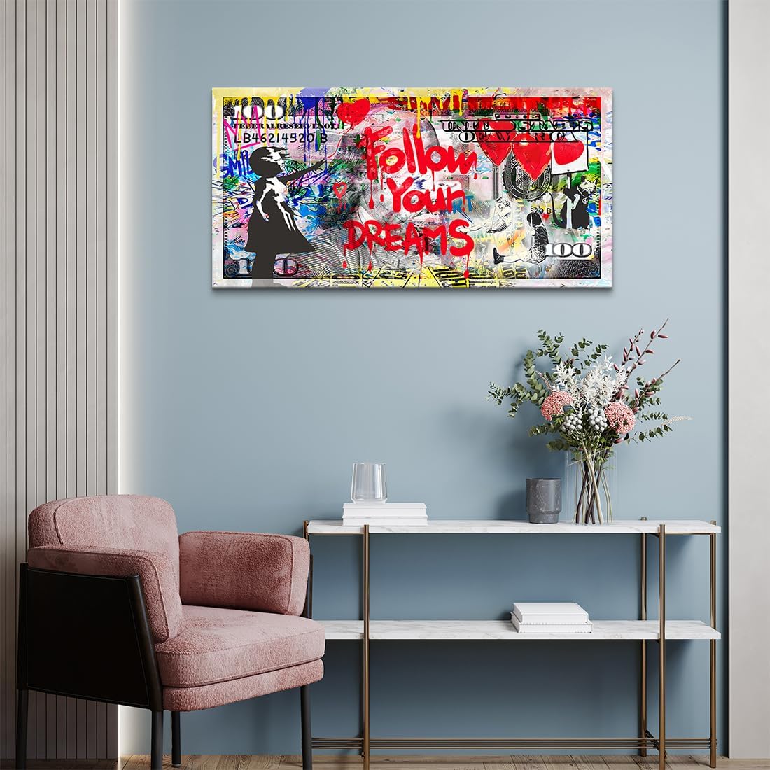 Follow Your Dreams Canvas Print Wall Art Office Motivational Art Street Girl Graffiti Inspirational Artwork for Living Room Office Decor Framed and Ready to Hang 32x16 inch - Image 2