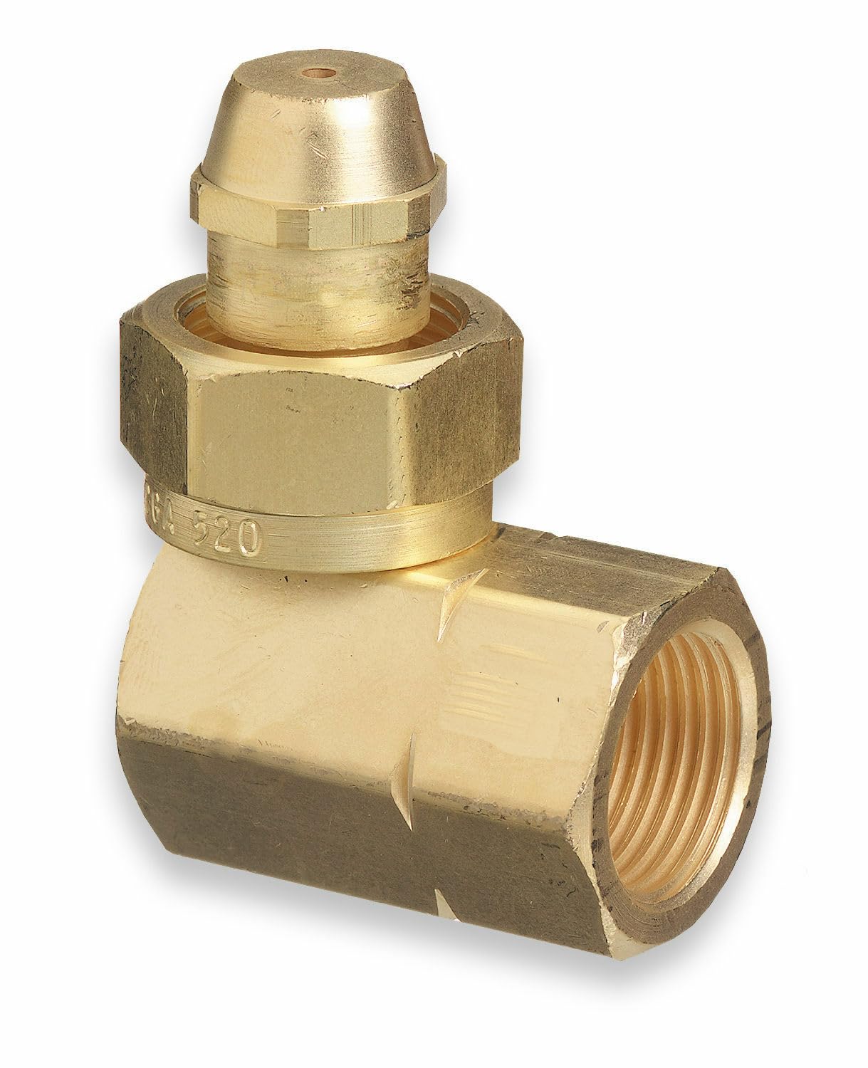 ACETYLENE ADAPTOR CGA-520 B TANK TO CGA-510 POL REGULATOR, 90 Degree Adaptor Fitting