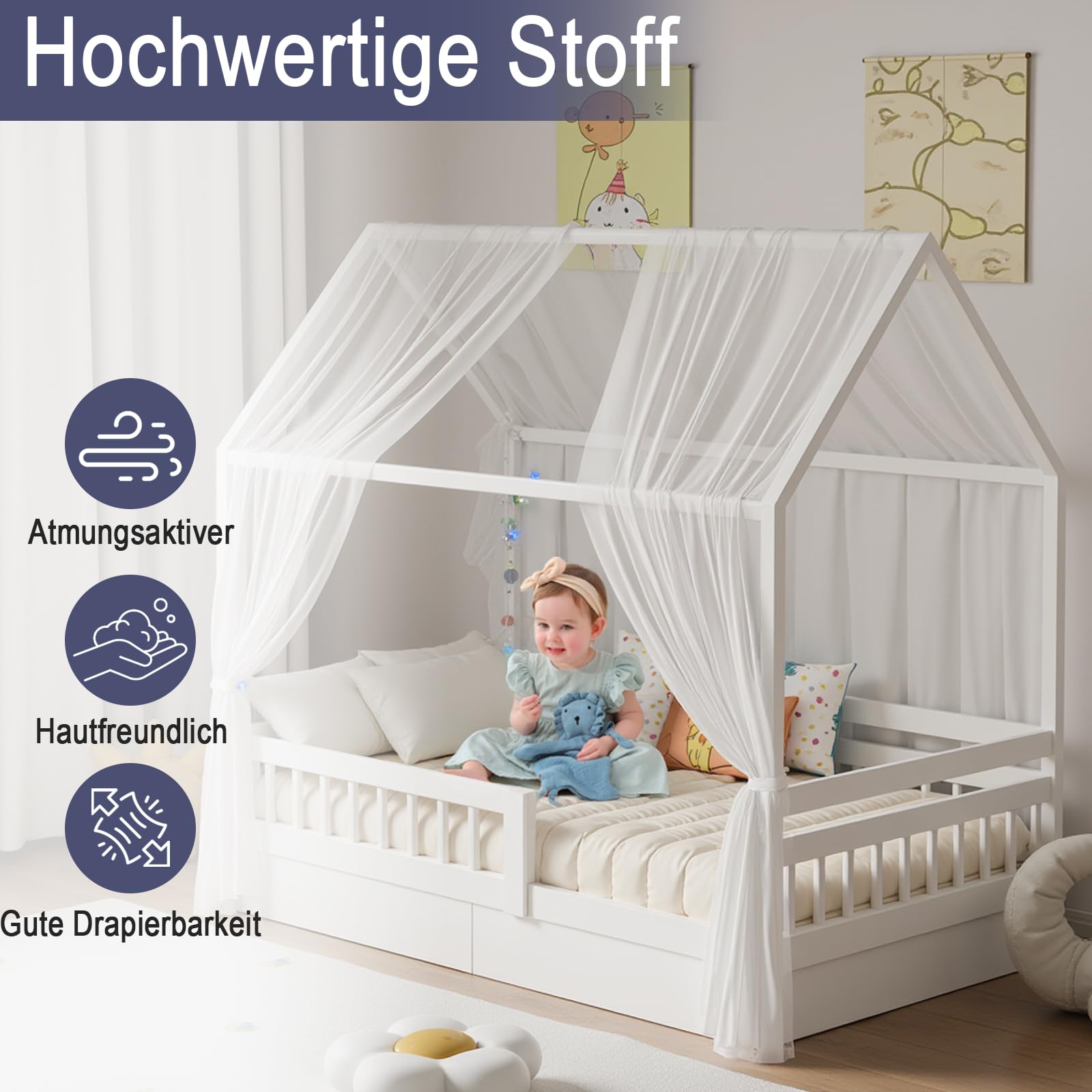 Hausbett Himmel Set, 2 Stück Betthimmel Hausbett für Hausbett Deko, Bett Vorhang für Mädchen Jungen Kinderbett Kinderzimmer Deko,150 x 350 cm Weiß