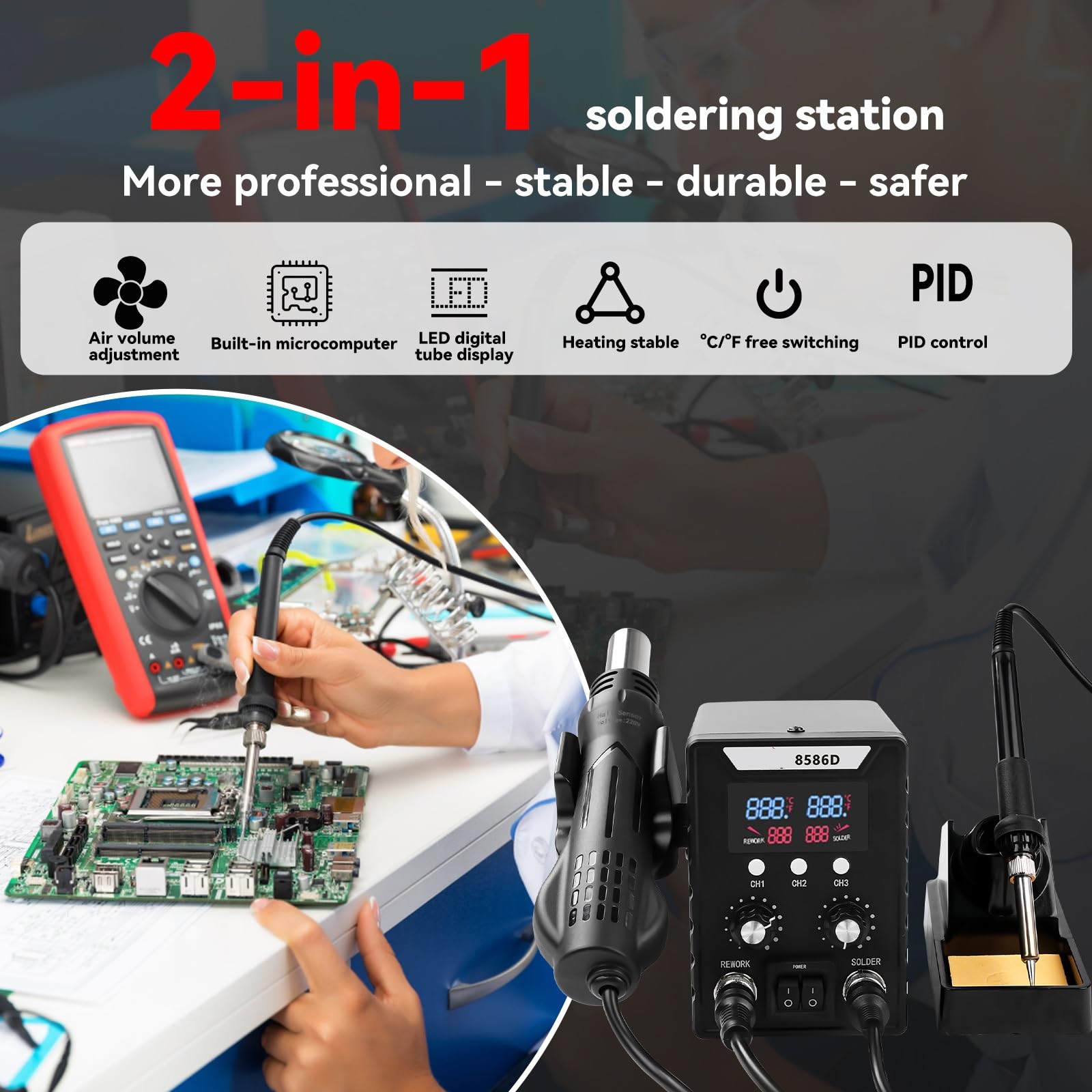 Stazione di saldatura 2 in 1 760 W, Stazione saldante ad aria calda, 8586D Display digitale Pistola ad aria calda Saldatore Strumenti di dissaldatura 3 ugelli inclusi per riparazione elettronica