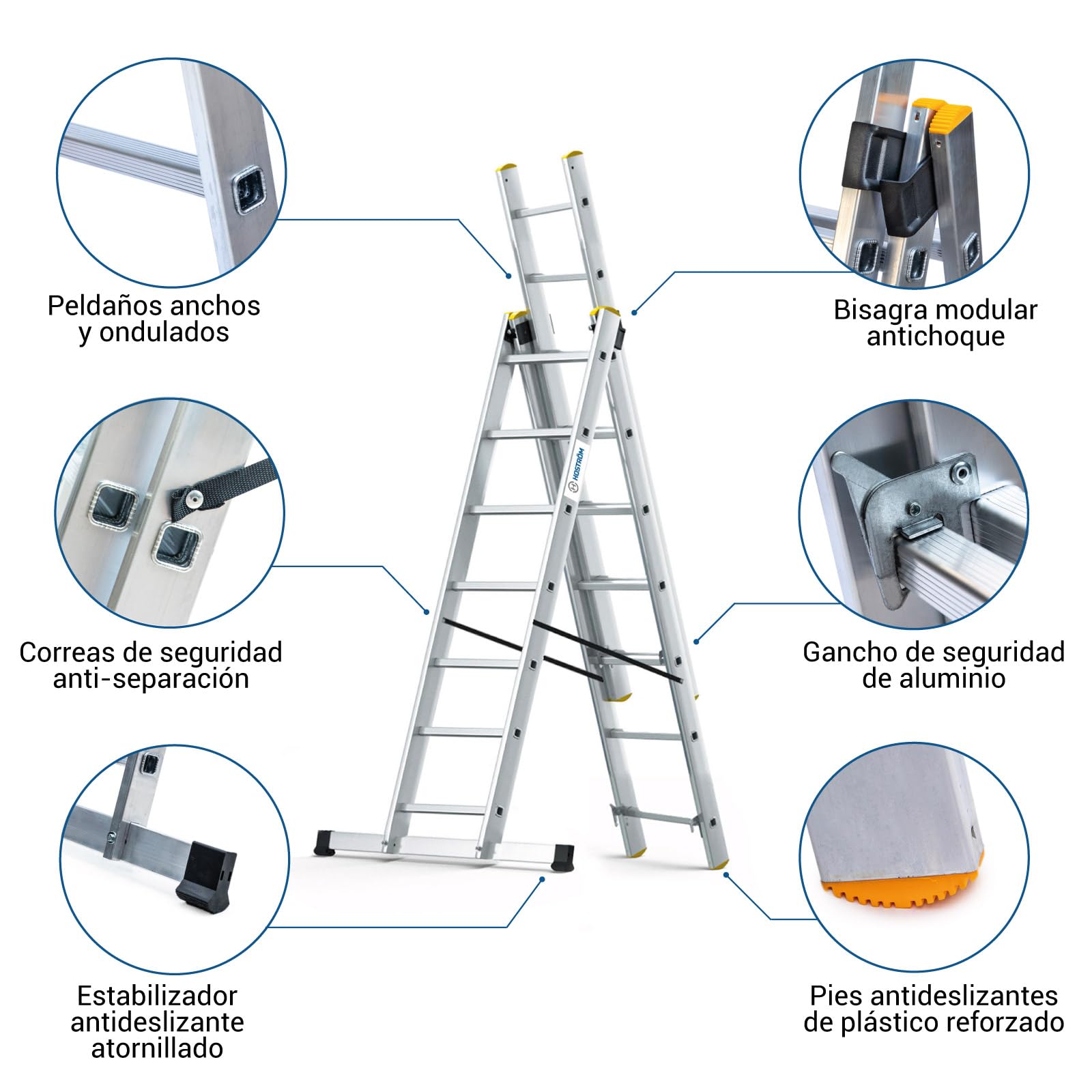 HOSTRÖM Escalera transformable 3 Planos StablePro 3 x 7 peldaños de Aluminio Extensible Deslizante, 6 Posiciones, Altura de Trabajo máx. 5,00 m, garantía de 5 años.