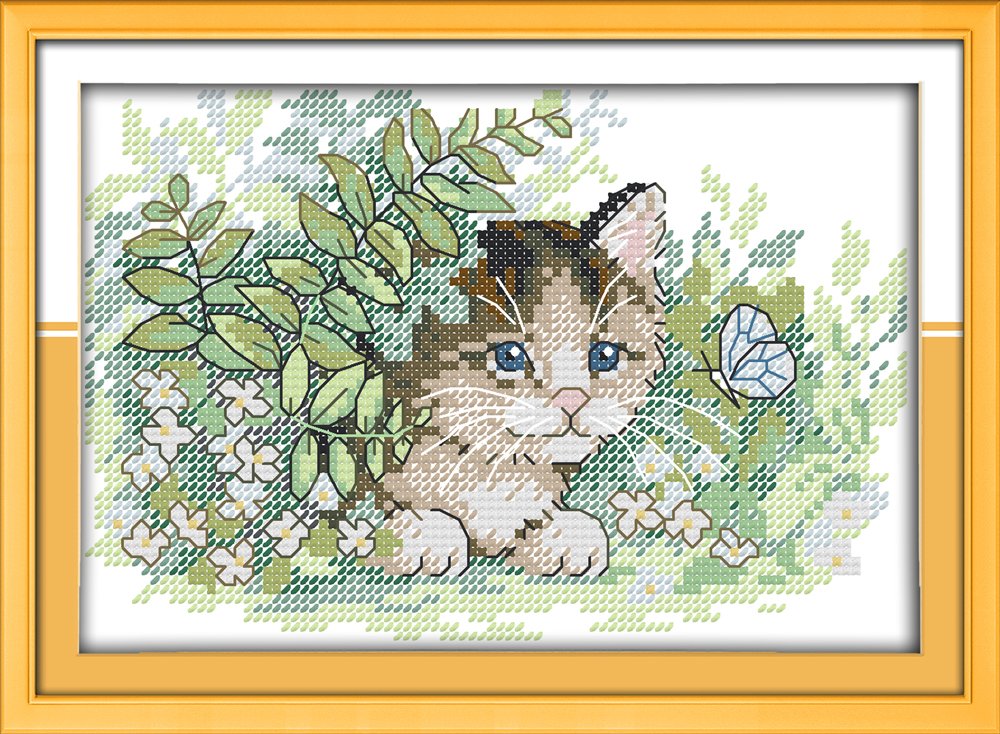 Funcrostitch Counted Cross Stitch Kits for Beginners,14ct Unprinted Pattern Embroidery Kit Dmc Cotton Threads Needleworks for Adults-The Cat and The Butterfly 8.3"X10.2"