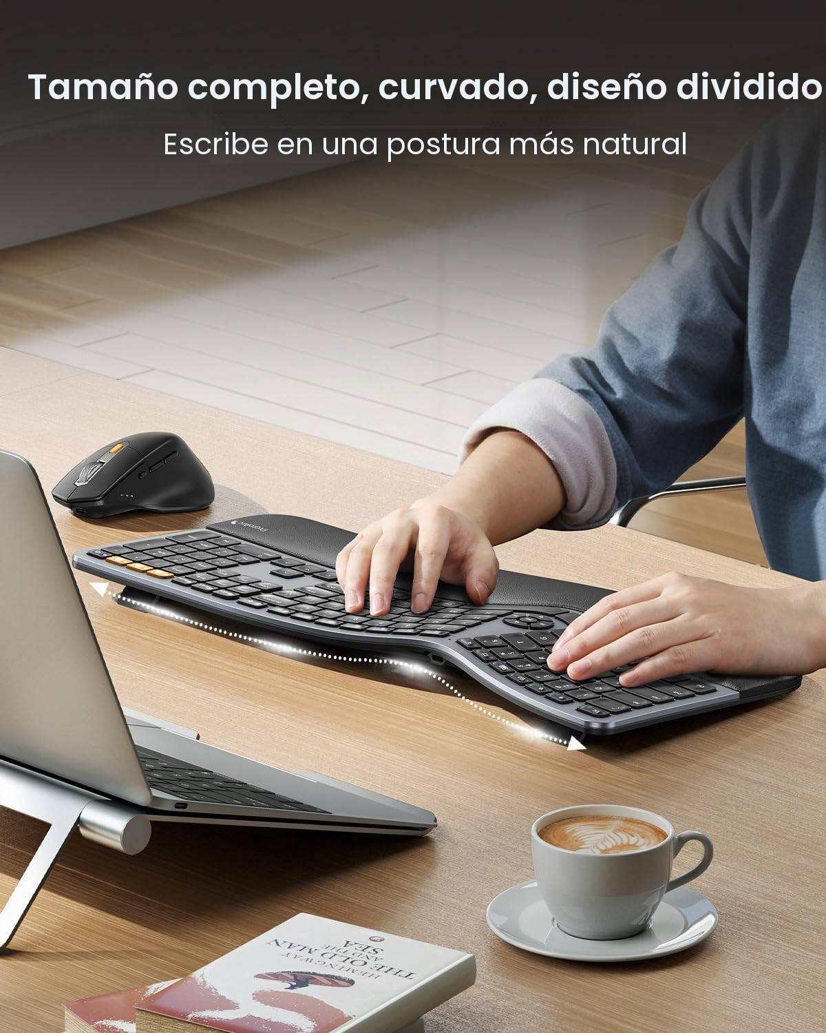 ProtoArc EKM01 Plus - Teclado ergonómico y mouse inalámbrico Bluetooth Ergo de tamaño completo, reposamanos acolchado, diseño dividido, recargable, compatible con Windows, Mac OS, gris y negro