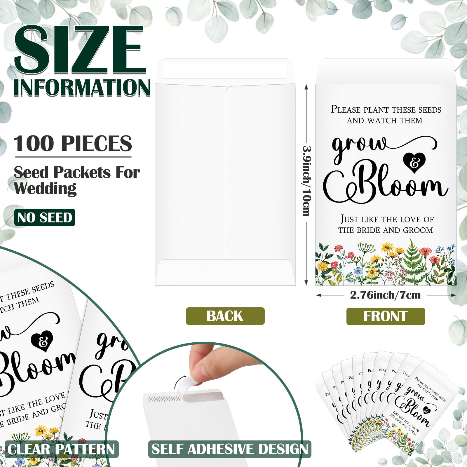 Ctosree Hochzeitsgeschenke für Gäste, 100 Stück, selbstklebend, Kraftpapier, Samenumschläge, 100 Stück, "Let Love Grow"-Karten, 100 Organza-Geschenktüten für Brautparty, stilvoll, 100 Stück