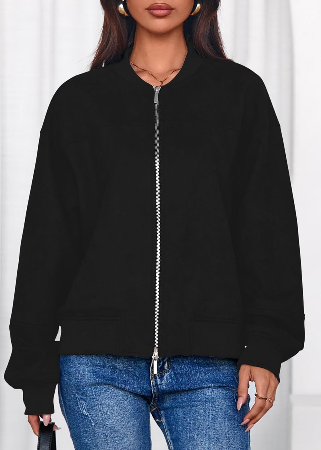 Lazysmile Women's Faux Suede Bomber Jackets Fall Fashion Outfits Winter Clothes Stand Collar Zip Up Coats Outwear - Image 6