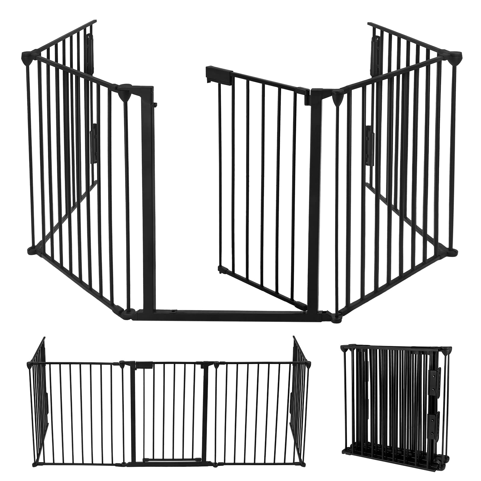 Aufun Chimenea Puerta de Seguridad Metálica con Puerta, 5 Elementos, Puerta de Seguridad Horno, Rejilla de Configuración para Seguridad Infantil, 300 x 75 x 60 cm (Negro)