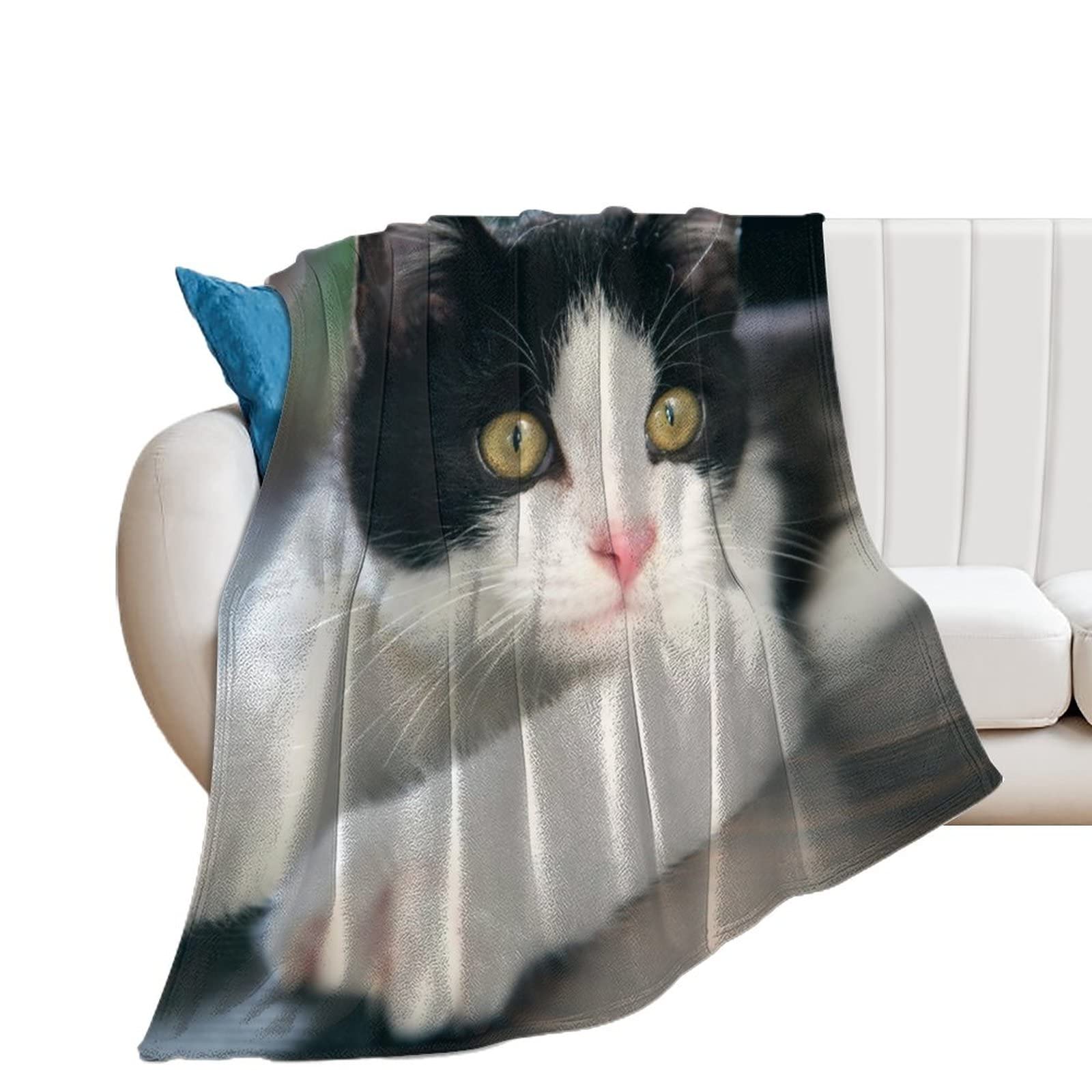 Couverture polaire chat noir et blanc en flanelle douce pour canapé 130x150 cm