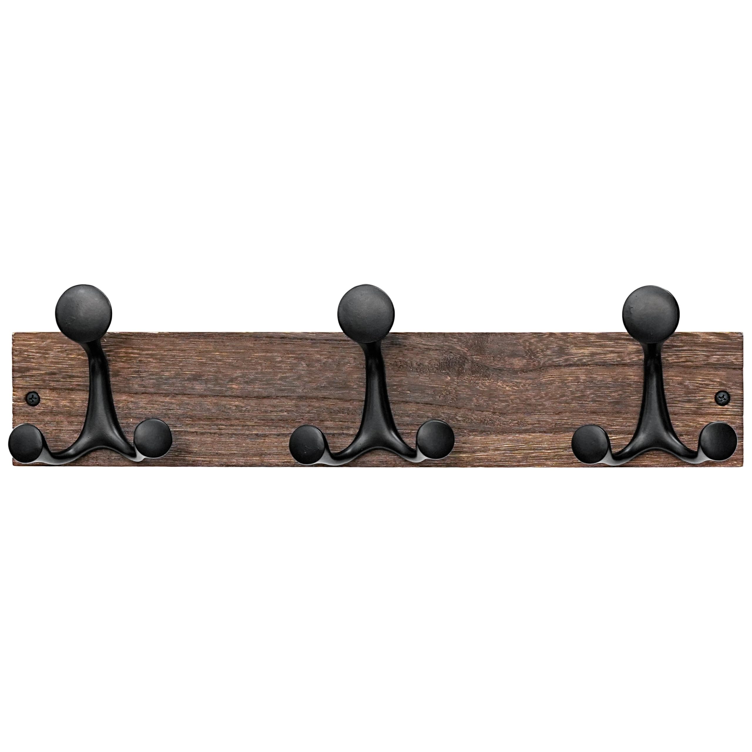 Porte-manteau mural 43 cm en bois brûlé SKOLOO avec 3 crochets triples pour l'entrée