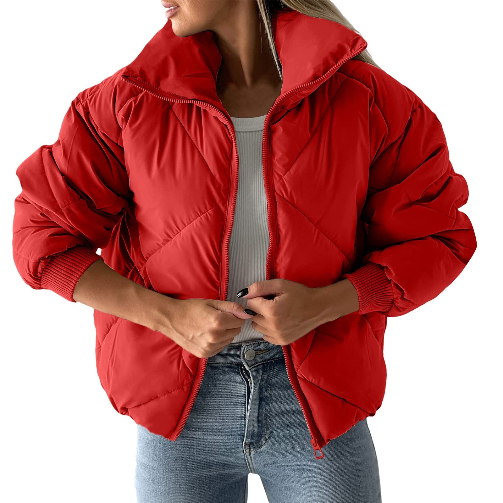 Chaqueta Mujer Abrigo Entretiempo Invierno Cazadora Plumiferos，Chaqueta acolchada con cremallera y bolsillos para mujer Abrigo corto burbuja de manga larga