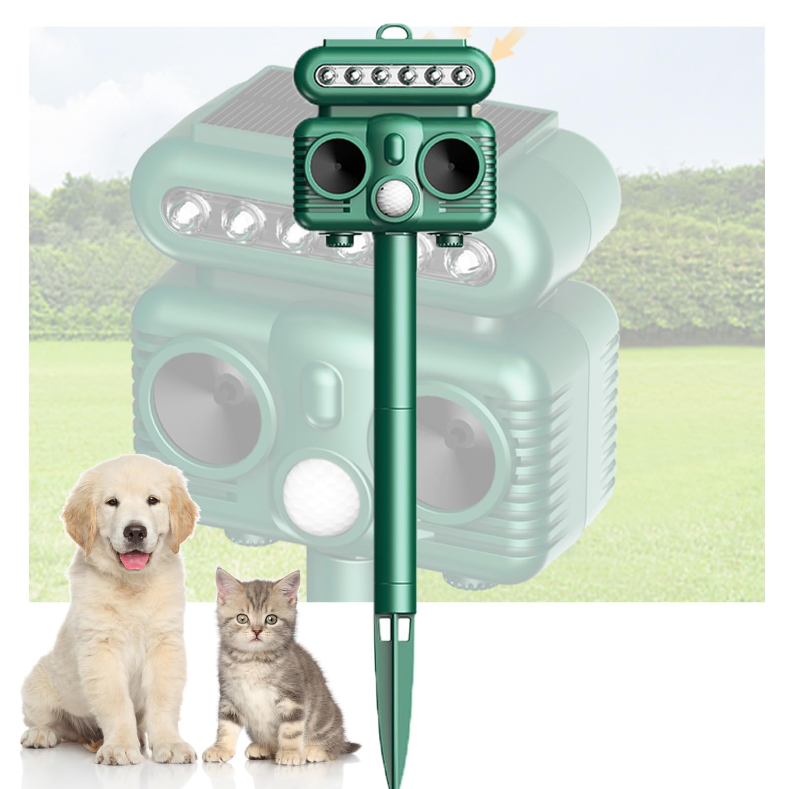 Repellente per gatti da giardino con ricarica solare, sensore di luce rossa, luce flash LED, 4 livelli regolabili, portata 8-12 metri per gatti, cani, volpi, uccelli
