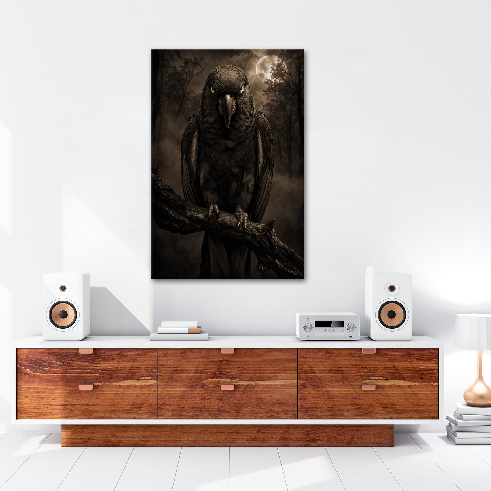 deyoli Obraz na płótnie Czarna papuga z czerwonymi piórami 100 x 70 cm Sepia | Pionowy jednoczęściowy druk artystyczny XXL na blejtramie | obraz na płótnie | obraz ścienny | dekoracja salonu