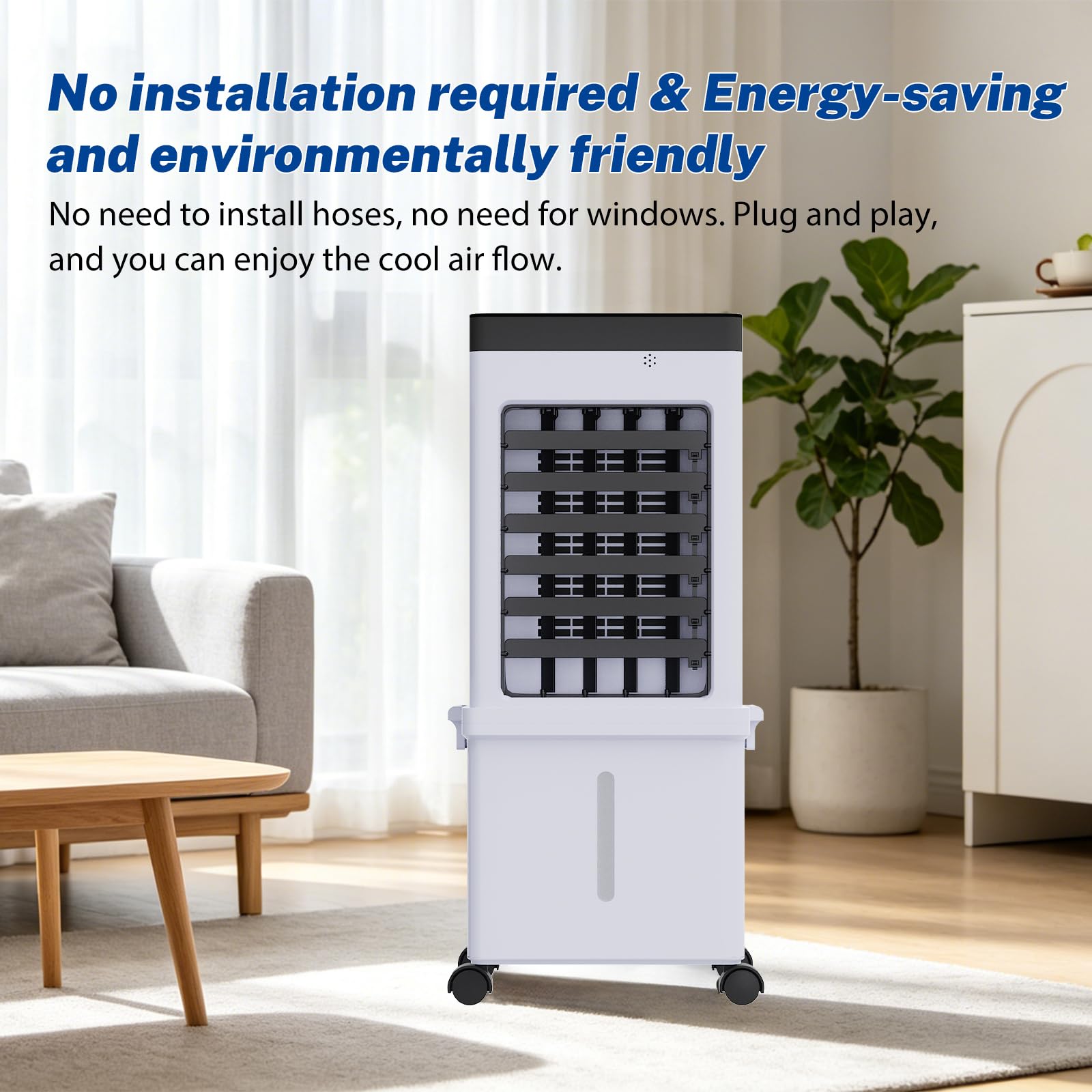 3-in-1 Ventilator & Luftbefeuchter mit Fernbedienung, tragbar 15L Wasserkühlung – 3 Geschwindigkeiten & 3 Windmodi – 120° Schwenk & 7.5h Timer – Kompakte Kühlbox für Wohnzimmer Schlafzimmer