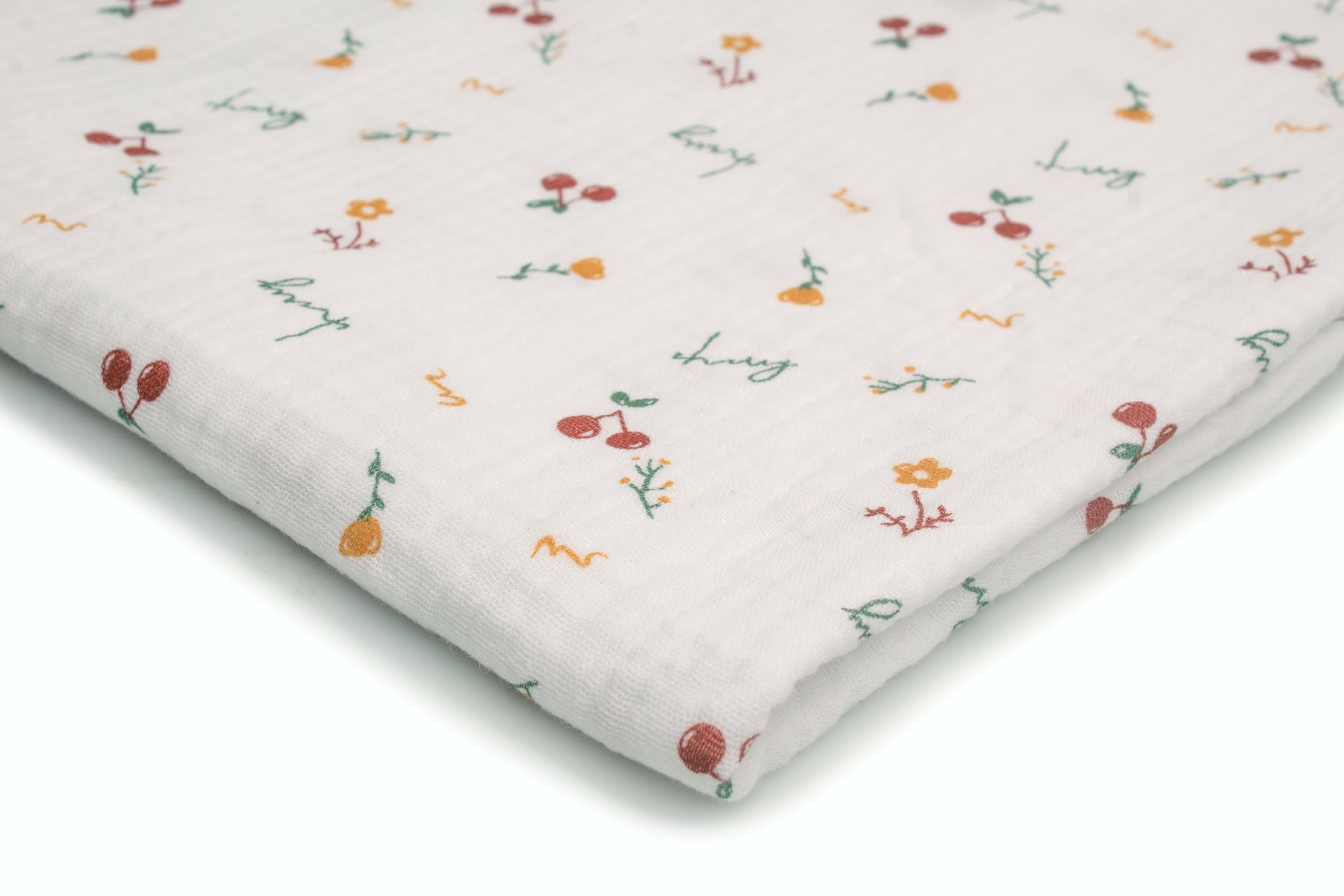Printed Cotton Muslin, Double Gauze Fabric 50 x 130 cm (Cherries and Flowers)