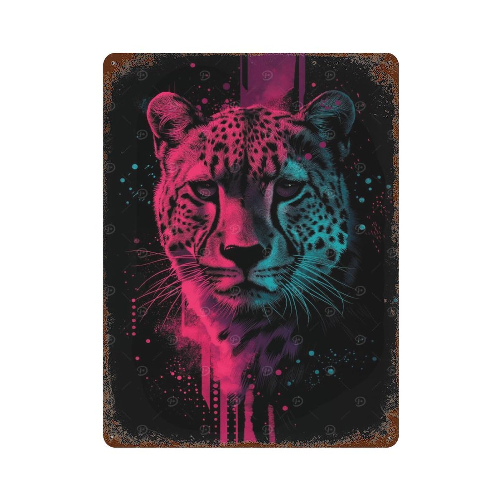 Neon Leopard Portrait Rustic Tin Plaque 15.7"x11.8", for Shed, Workshop And Garage Wall Decor, Rustic Home Decor