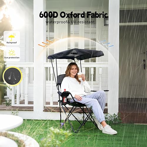 Miniatura 8 de YOUNG WOOD Silla de camping con toldo, silla de playa con sombra, portátil, ligera, de gran tamaño para todos, fácil de abrir y cerrar sin