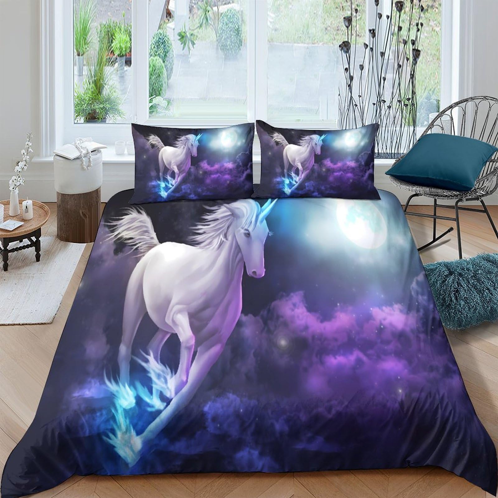Ctjqhvkz Style-10 3D Printed Unicorn Dream Fitted Sheet Microfiber Soft Gradient Purple Blue Fantasy Mattress Cover For Bedroom Dorm Decor Single（135X200cm）
