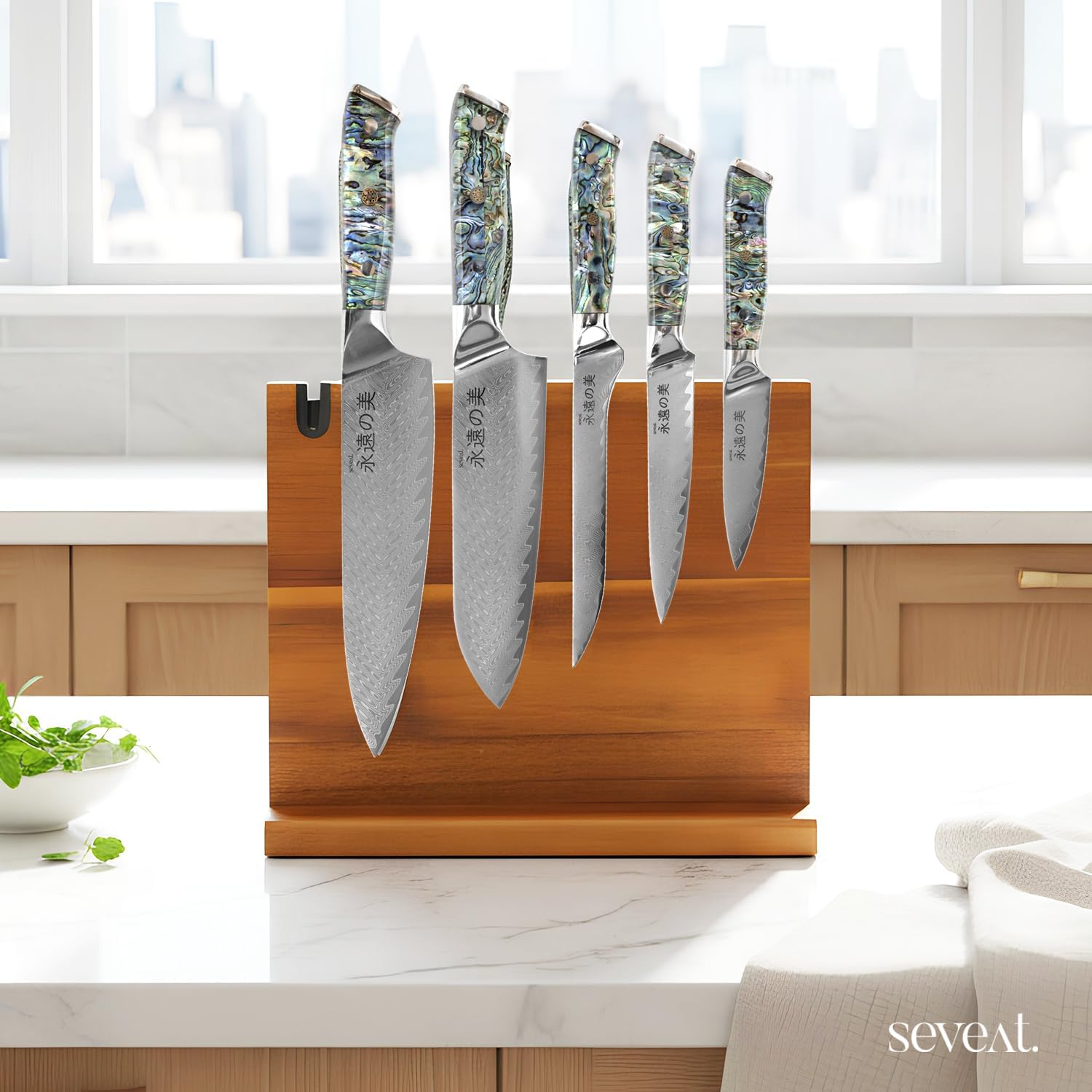 Damascus Kitchen Knife Set | 67-Layer Damascus Steel | Professional Chef Knives Set | Ergonomic Blue Shell Handle | Acacia Wood Magnetic Holder Included (Blue-3, 5-Piece Set)