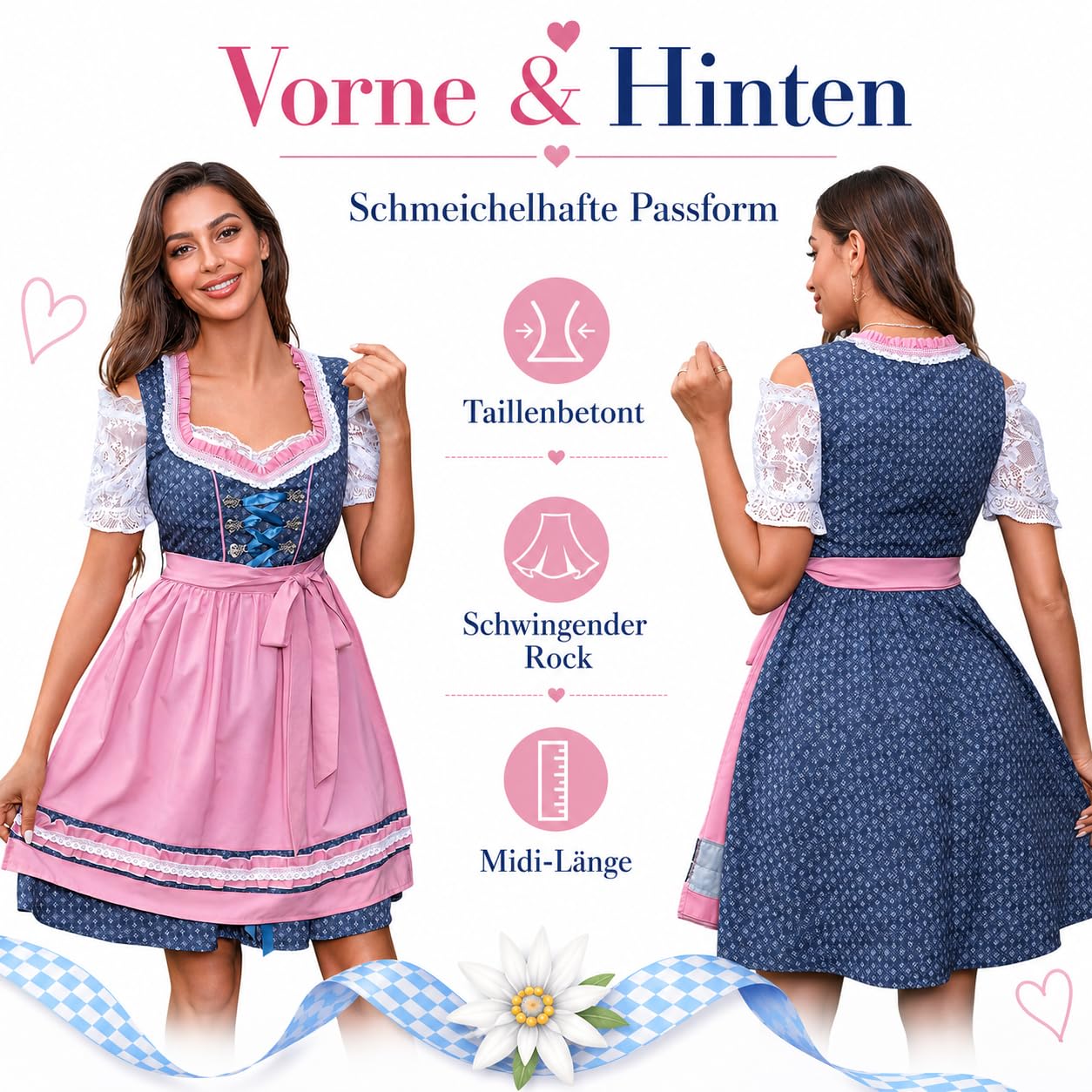 Didadihu Dirndlkleid 2 Teilig Damen Dirndl Midi Trachtenkleid Mit Schürze Oktoberfest Trachten Outfit Damen Dirndl Kleid Trachtenmode