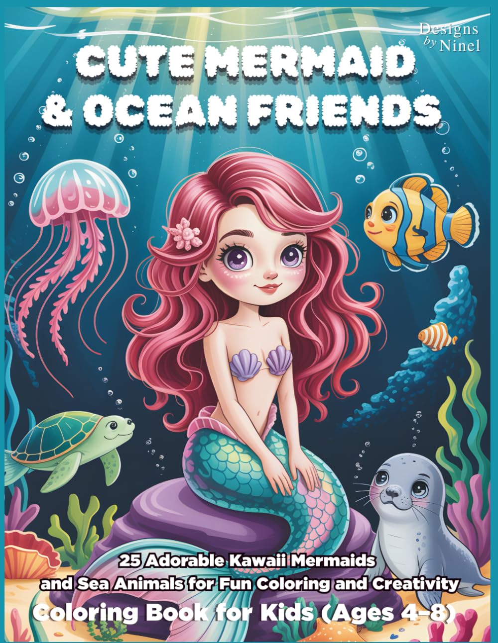 Cute Mermaid & Ocean Friends Coloring Book for Kids (Ages 4–8): 25 Adorable Kawaii Mermaids and Sea Animals for Fun Coloring and Creativity