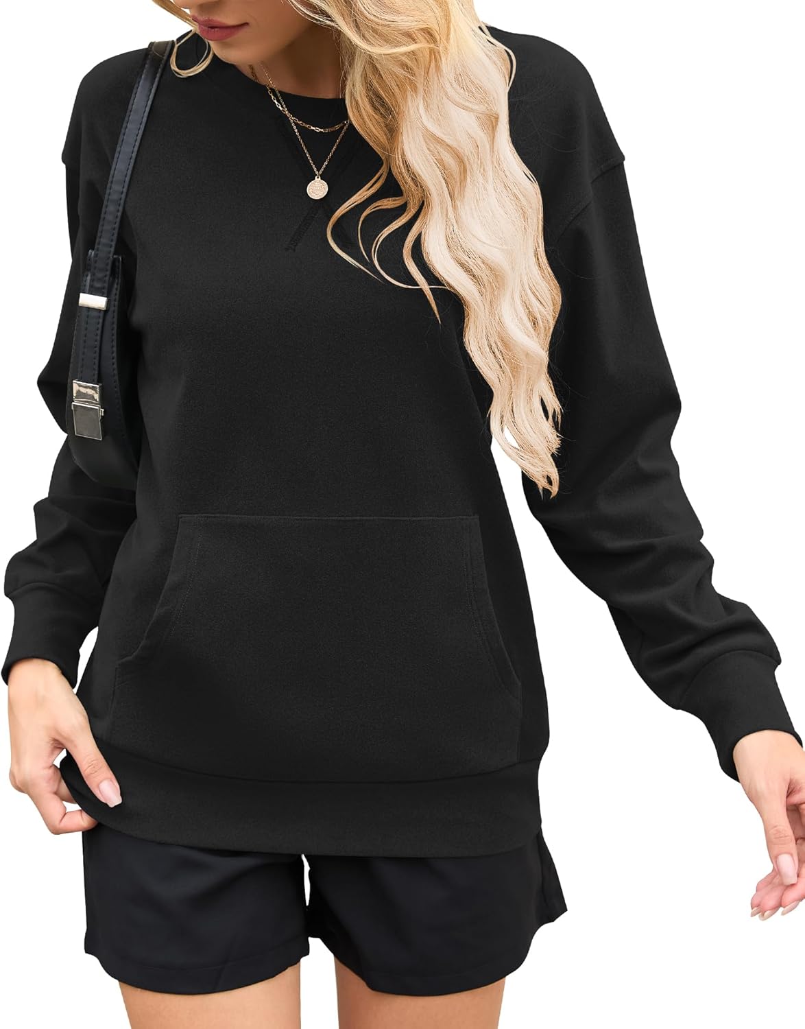 AUSELILY Womens Long Sleeve Sweatshirt Casual Crewneck Plain Pullover Tops with Pockets