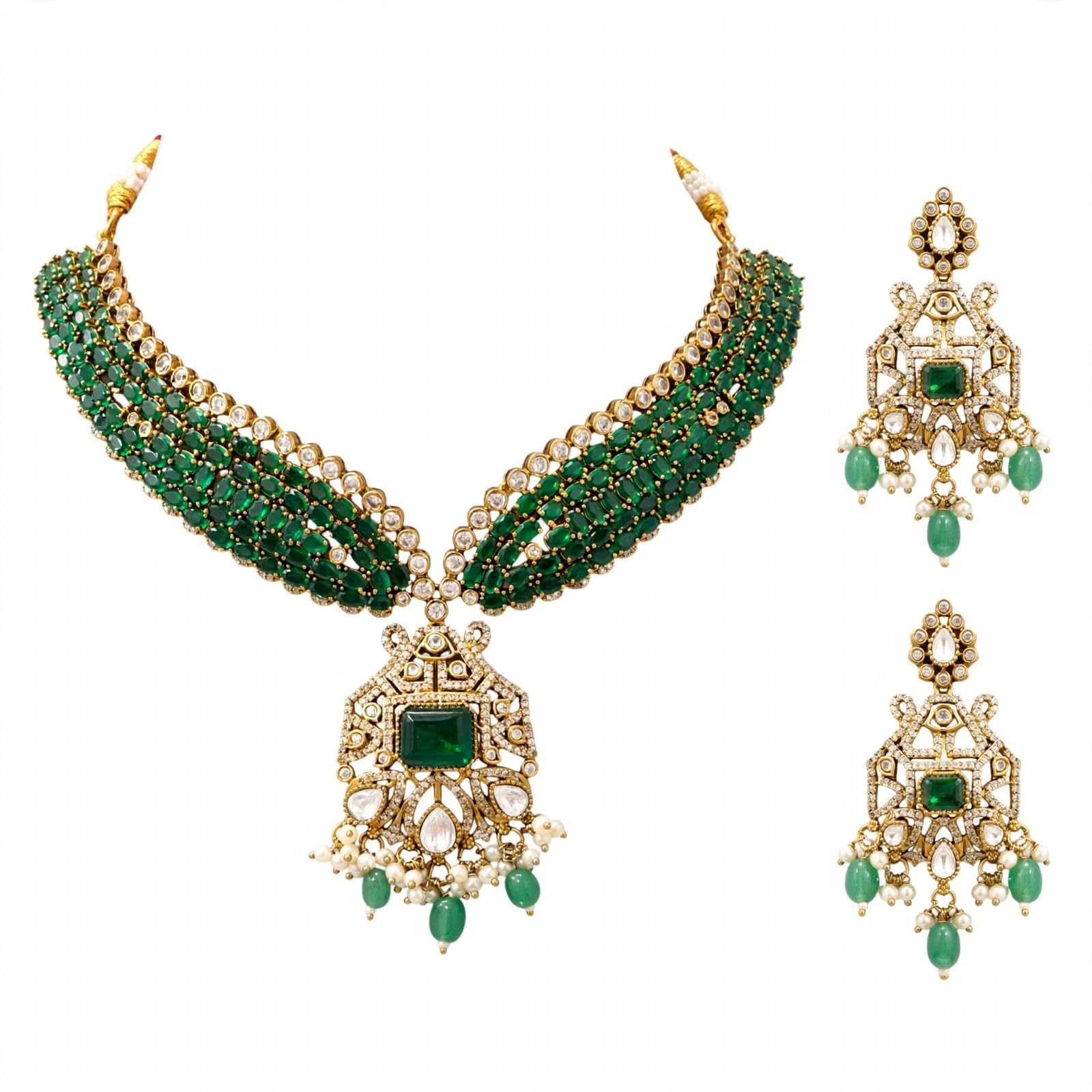 Kundan Jewellrs - Juego de collar de 5 hebras con cuentas verdes esmeralda