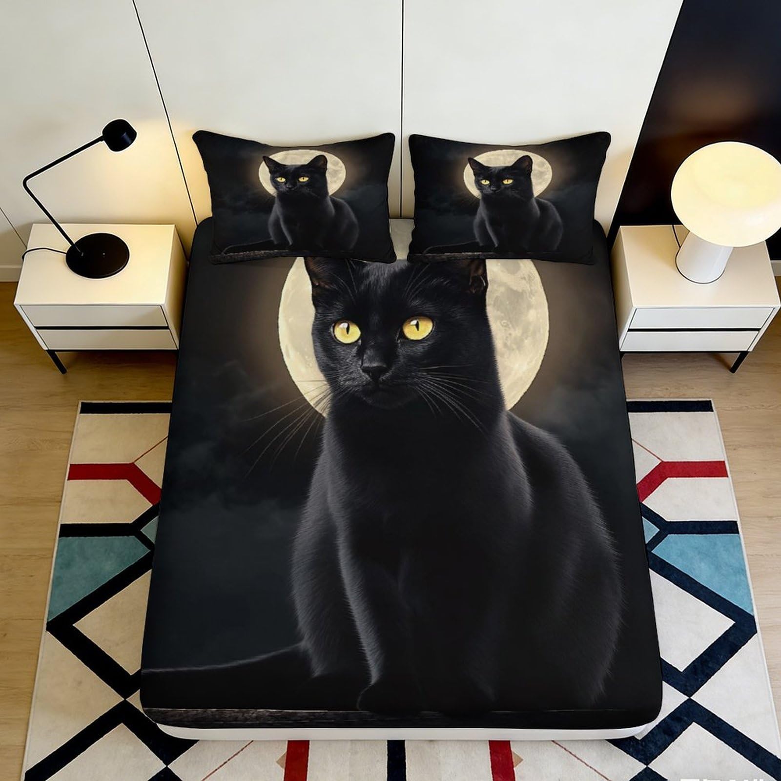 3D Printed Black Cat Moon Fitted Sheet Microfiber Mattress Cover Slip-Resistant Bed Sheet for Bedroom Dorm Decoration 120x200x25cm