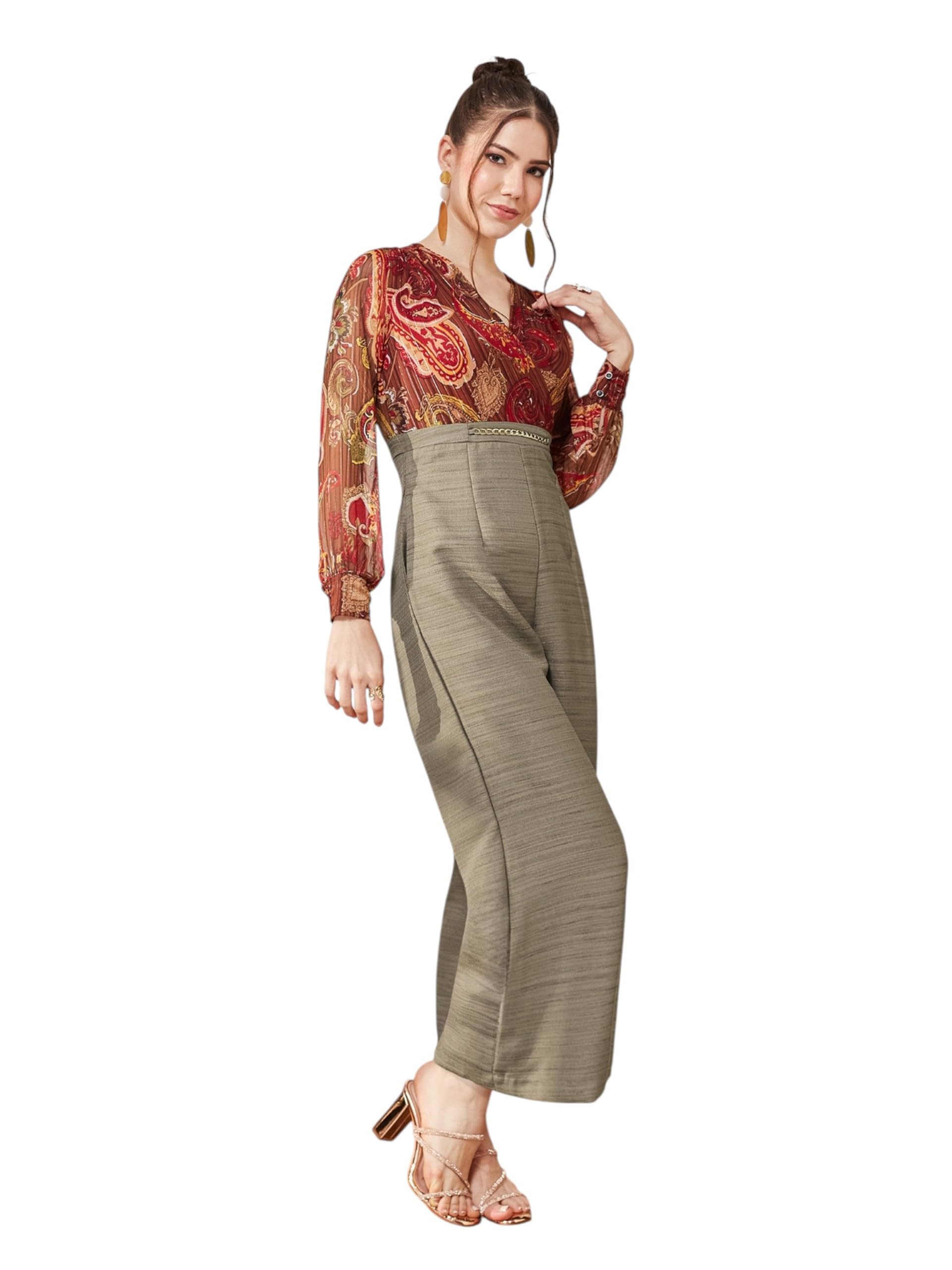 Women's V-Neck Bishop Sleeve Bohemian Patterned Straight Leg Wrap Regular Silk Jumpsuit-image-44