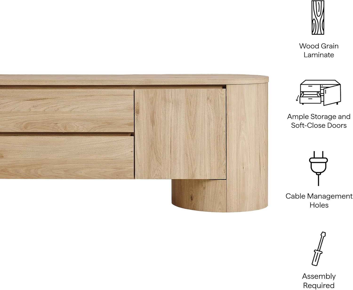 Modway Duval 71 Inch Oval TV Stand in Light Oak – Low Profile Mid Century Modern Media Cabinet - Living Room Entertainment Center with Storage