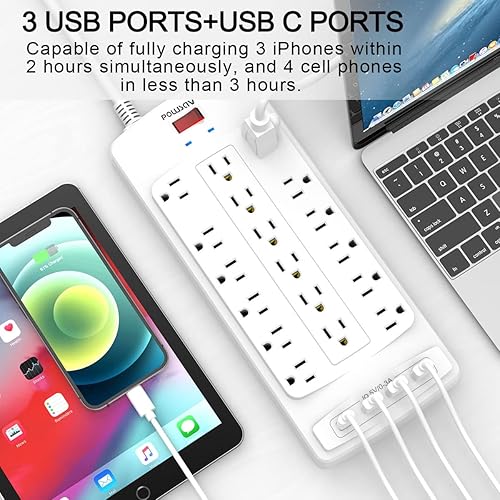 Miniatura 10 de Regleta protectora contra sobretensiones de 18 tomas, cable de extensión resistente de enchufe plano de 8 pies con 18 tomas de corriente y 4 puertos