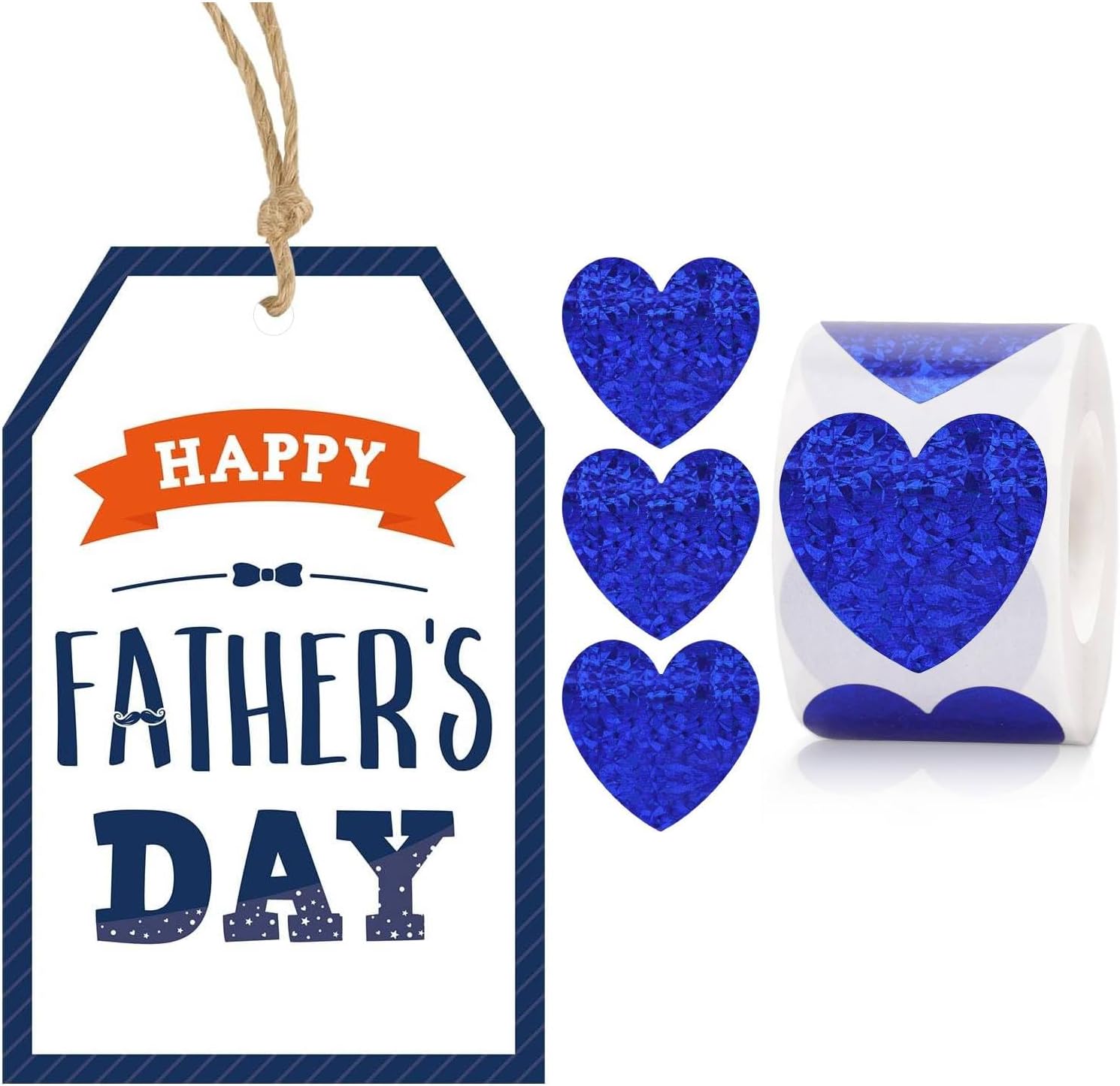 Anwyll 50Pcs Happy Fathers Day Gift Tags with String + 500Pcs Fathers Day Heart Stickers