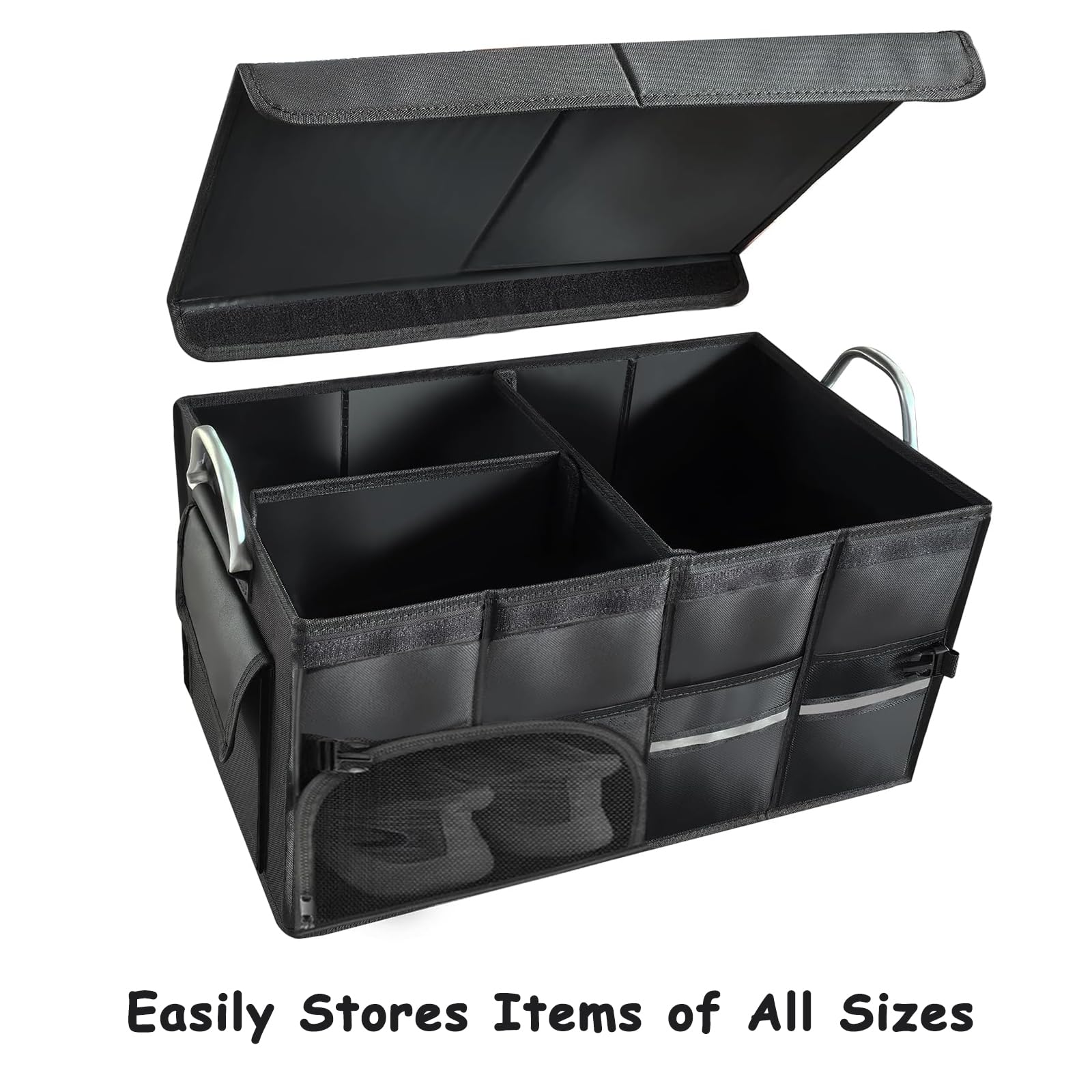 Kofferraumtasche, Kofferraum Organizer mit Deckel, Faltbare Auto Kofferraumtasche, Koffertasche, stabil und rutschfest, faltbar mit Aluminiumgriffen und Reflexstreifen QSN01-Black