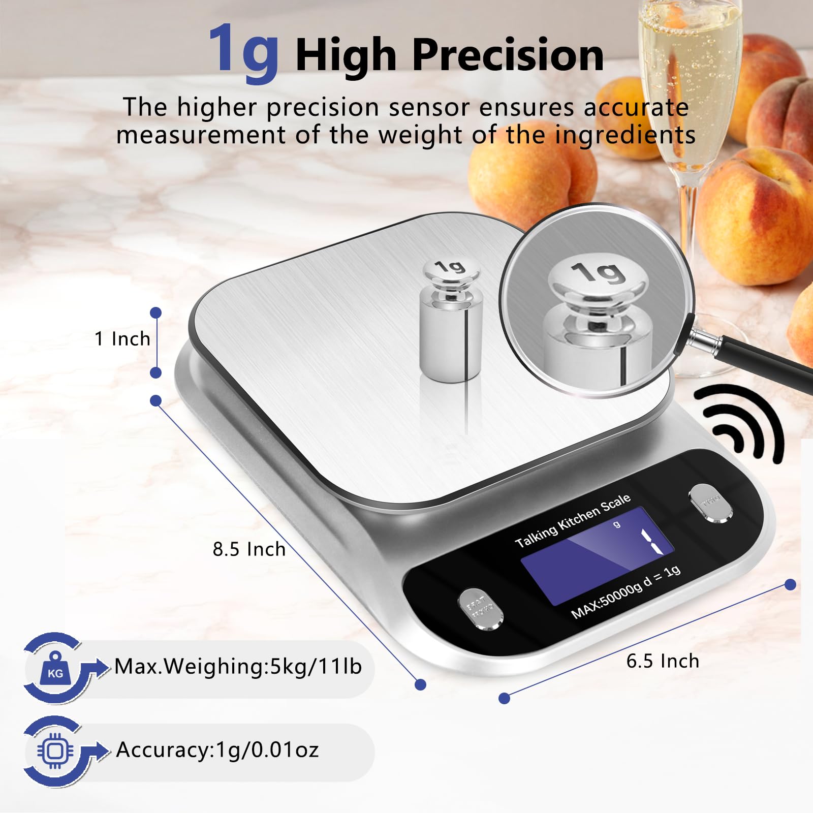 Talking - Báscula digital de cocina multifunción de alta precisión, báscula de alimentos de 5 kg, báscula de cocina de alta capacidad, números grandes con voz clara y fuerte, acento