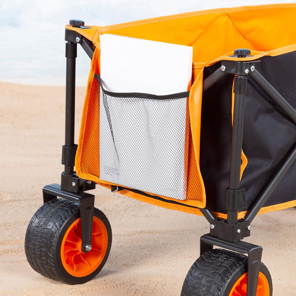 Aktive Carro Transporte Plegable, Playa, Jardín, Camping, hasta 100 kg, Ruedas robustas y giratorias 360 Grados con Frenos, Mango multiángulo, con Bolsillo, con Funda, Portasillas, Negro y Naranja