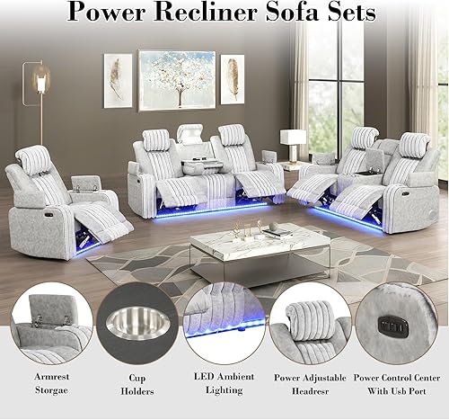Miniatura 4 de Juego de sofá reclinable eléctrico con luces LED, juego de sofá biplaza y sillón reclinable con reposacabezas y consola eléctrica, soporte para