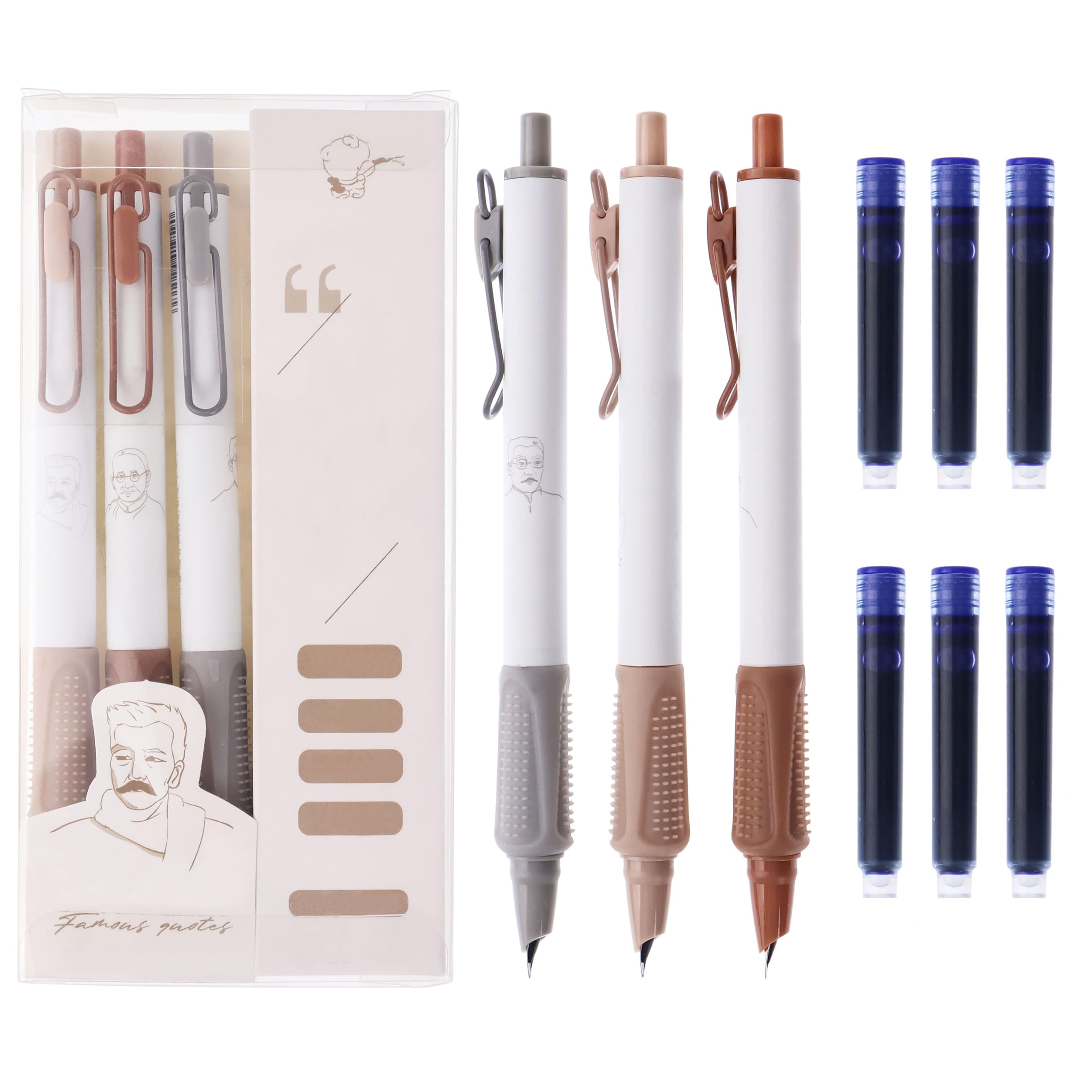 ITAWIXS3Pcs Aesthetic Retractable Fountain Pens with 6Pcs Replaceable Blue Ink Cartridges Smooth Writing Quick-Drying Ink Nib Protector Suitable for Students and Adults