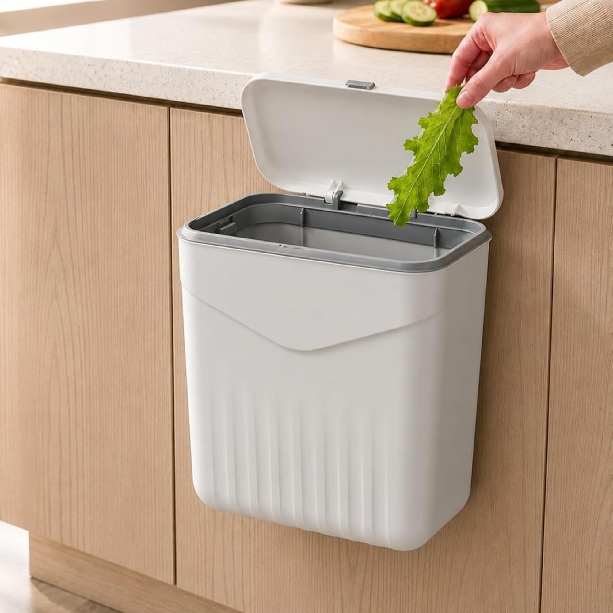 KESI ORNAMENTS Kitchen Dustbin, Plastic Hanging Kitchen Trash Can With Lid, Double-Sided Open Dust Can, Door Hanging Wall Storage Bucket, Under Sink Storage Trash Basket–Cabinet Garbage Bin(7L,White)-image-10