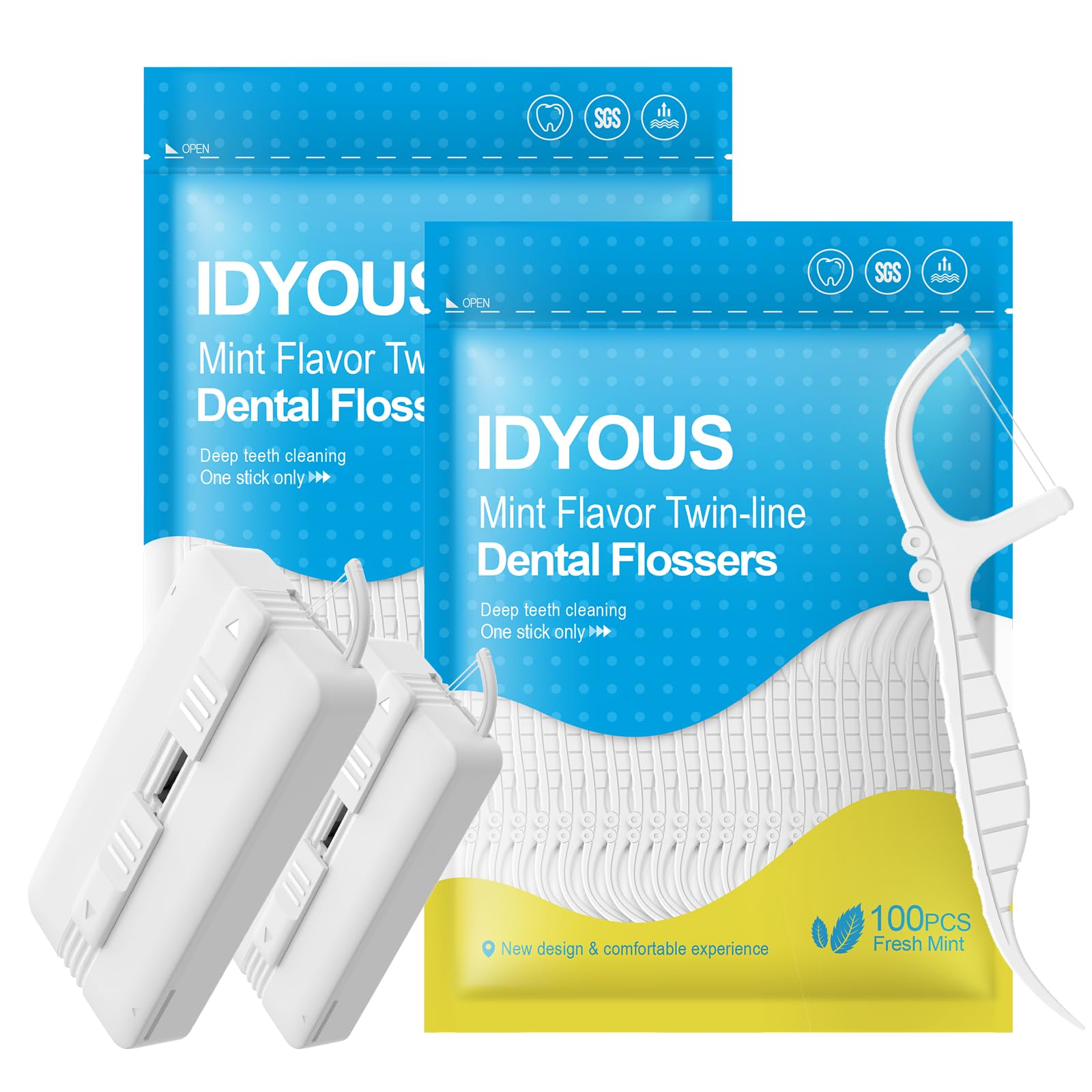 Twin-line Dental Floss Picks with Dispenser 2 Pack 220 Count Mint Flossers Refill with Portable Travel Case for