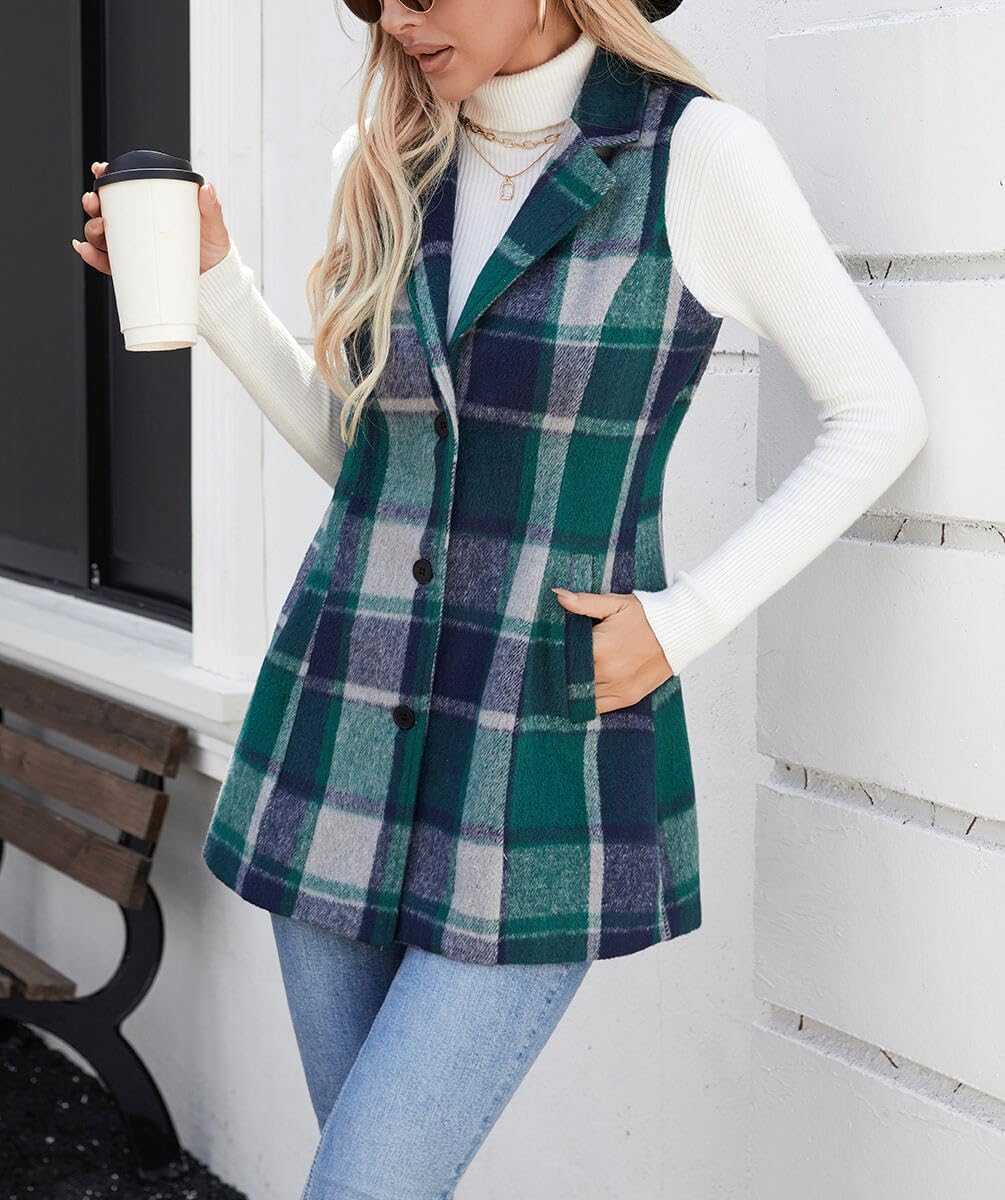 olrain Women Flannel Plaid Sleeveless Blazer Vest Lapel Neck Button Down Long Jacket Outwear Coat With Pockets Fall Winter - Image 5