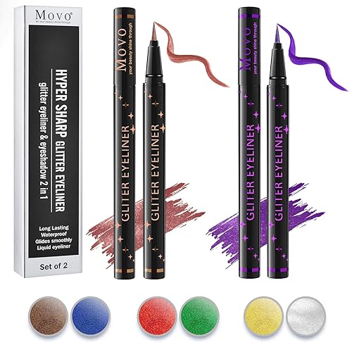 Movo Juego de delineador de ojos y sombra de ojos líquido dorado y plateado 2 en 1, coloridos, suaves e hiperafilados, delineador de ojos líquido,