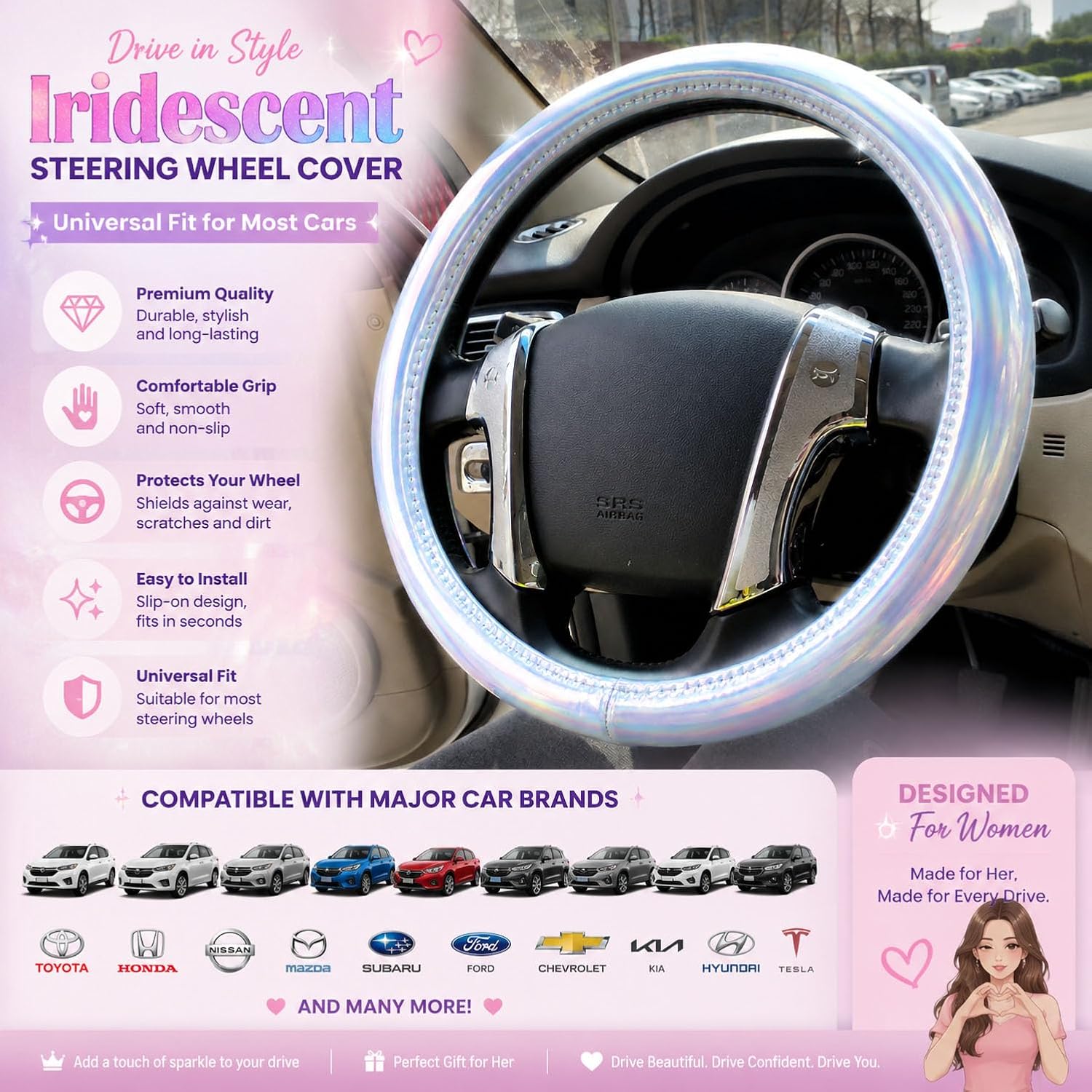 Color Changing Glossy Car Steering Wheel Cover for Women Girls,15" Universal Fit Auto Steering Wheel Protector Interior Decor Car Accessories (Silver)