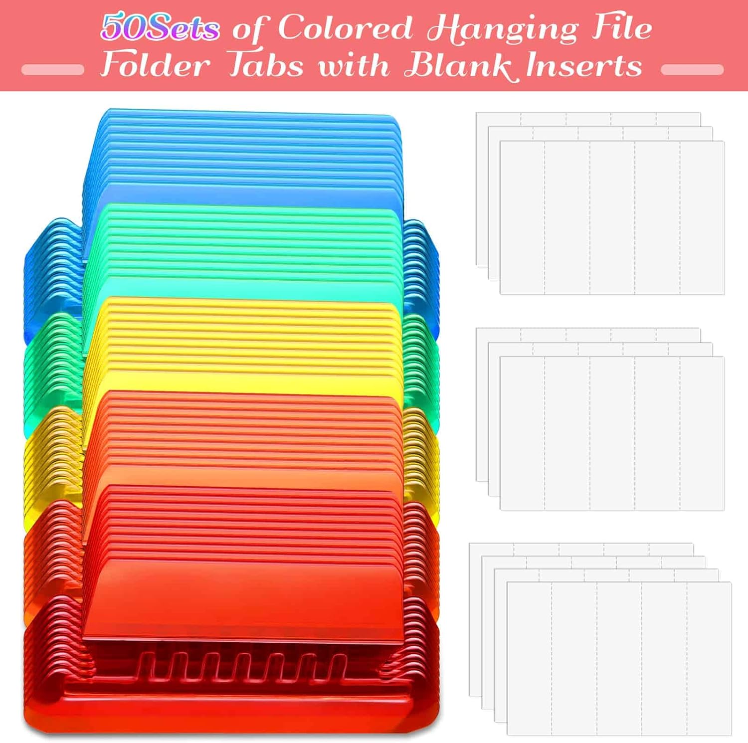 File Folder Tabs, Paxcoo 50 Sets Hanging File Folder Tabs and Inserts, Plastic Tabs for Hanging Folders, Multicolor