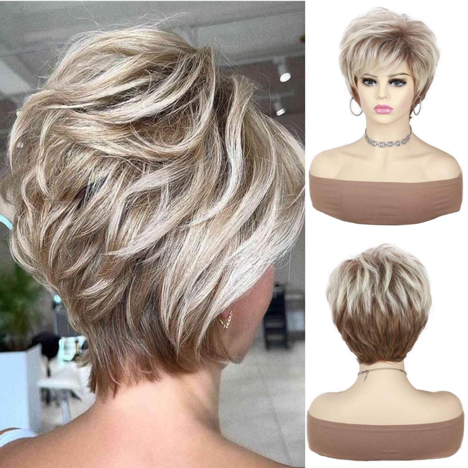 Short Blonde Pixie Cut Wig for White Women, Brown Mix Blonde Synthetic Wig for Senior Women 60+, Natural Looking Short Hair for older Women, Lightweight Hair Replacement for Thinning Hair