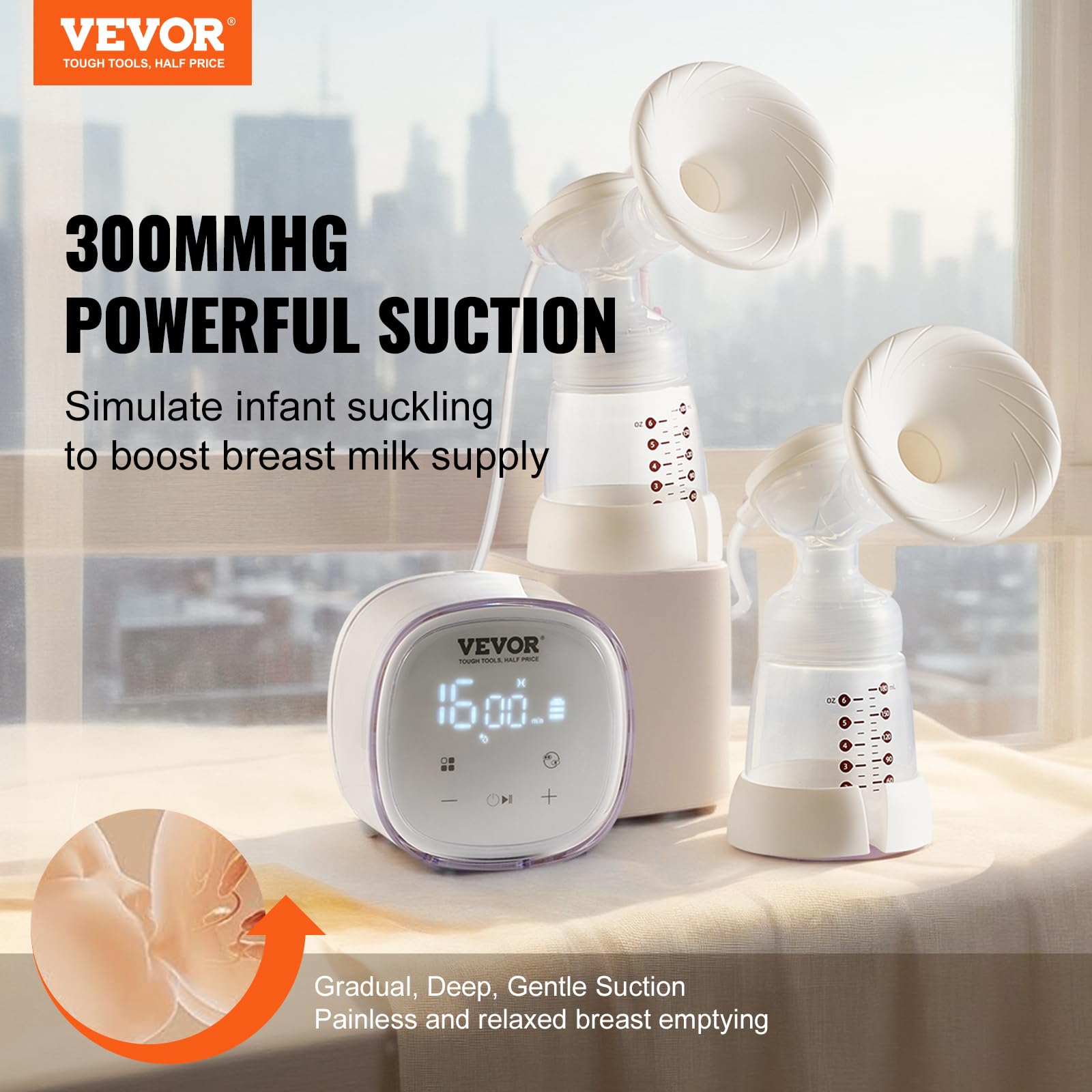 VEVOR Tiralatte Elettrico Doppio Portatile 4 Modalità 16 Livelli Aspirazione 300 mmHg con Flange Seno 24/28 mm Rivestimenti per Flangia 18/21 mm Schermo LED per Viaggio A Casa Allattamento al Seno
