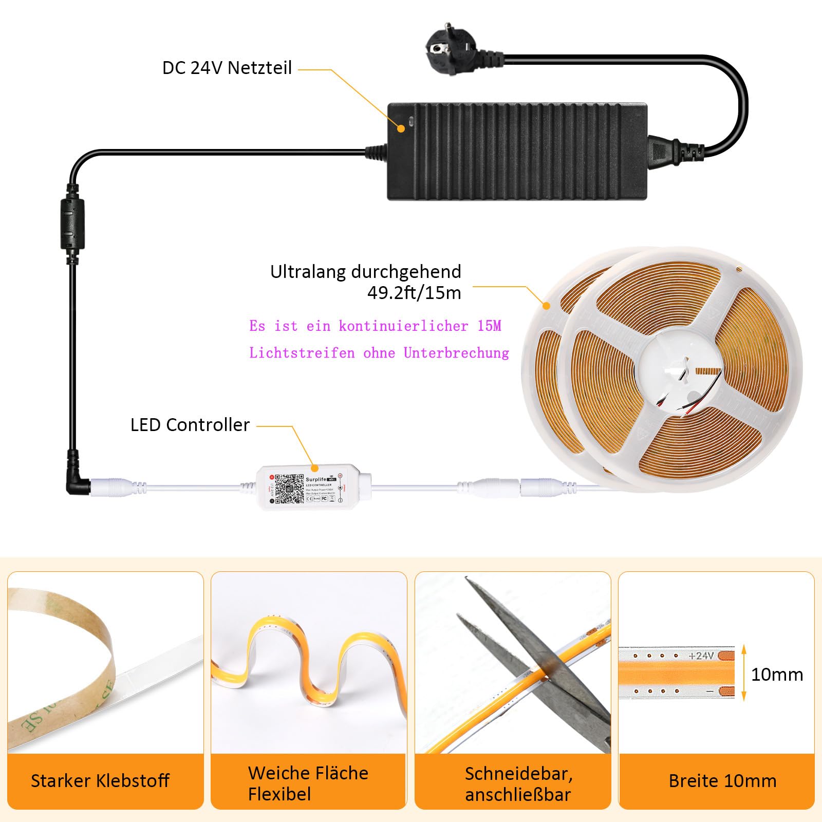 15M Tira LED, Luces LED Habitación, COB LED Strip lights, Sincronización Musical WIFI, Tira LED de 2700k Warm white, 384 leds/M DC12v, CRI90+ 5670lm,Compatibilidad Google Home Assistant/alexa