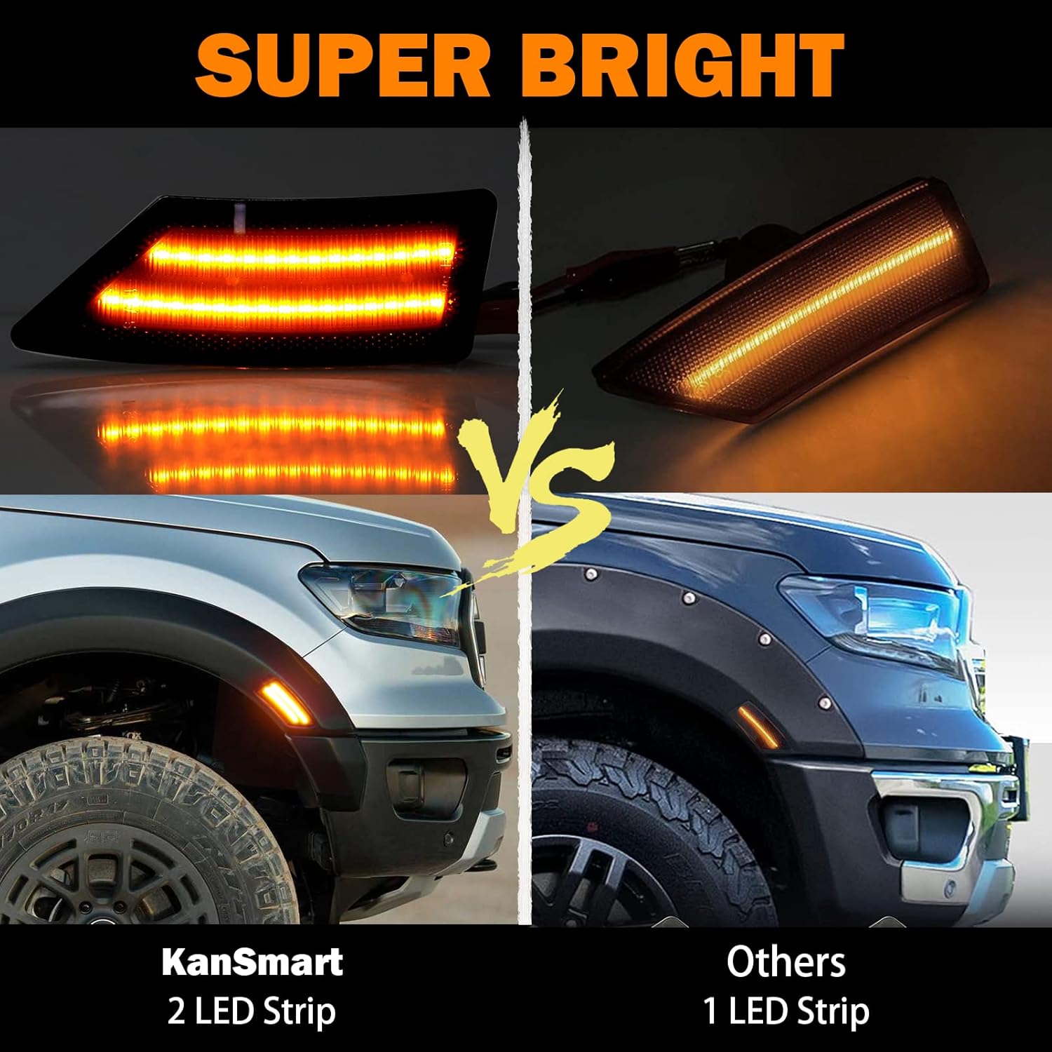 LED Side Marker Lights for Ford Ranger Lariat XL XLT 2019 2020 2021 2022 Ranger Smoked Lens Black Side Markers Fender Lamp Full Amber LED Strip Front Bumper Side Marker Turn Signals Side Light Lamps