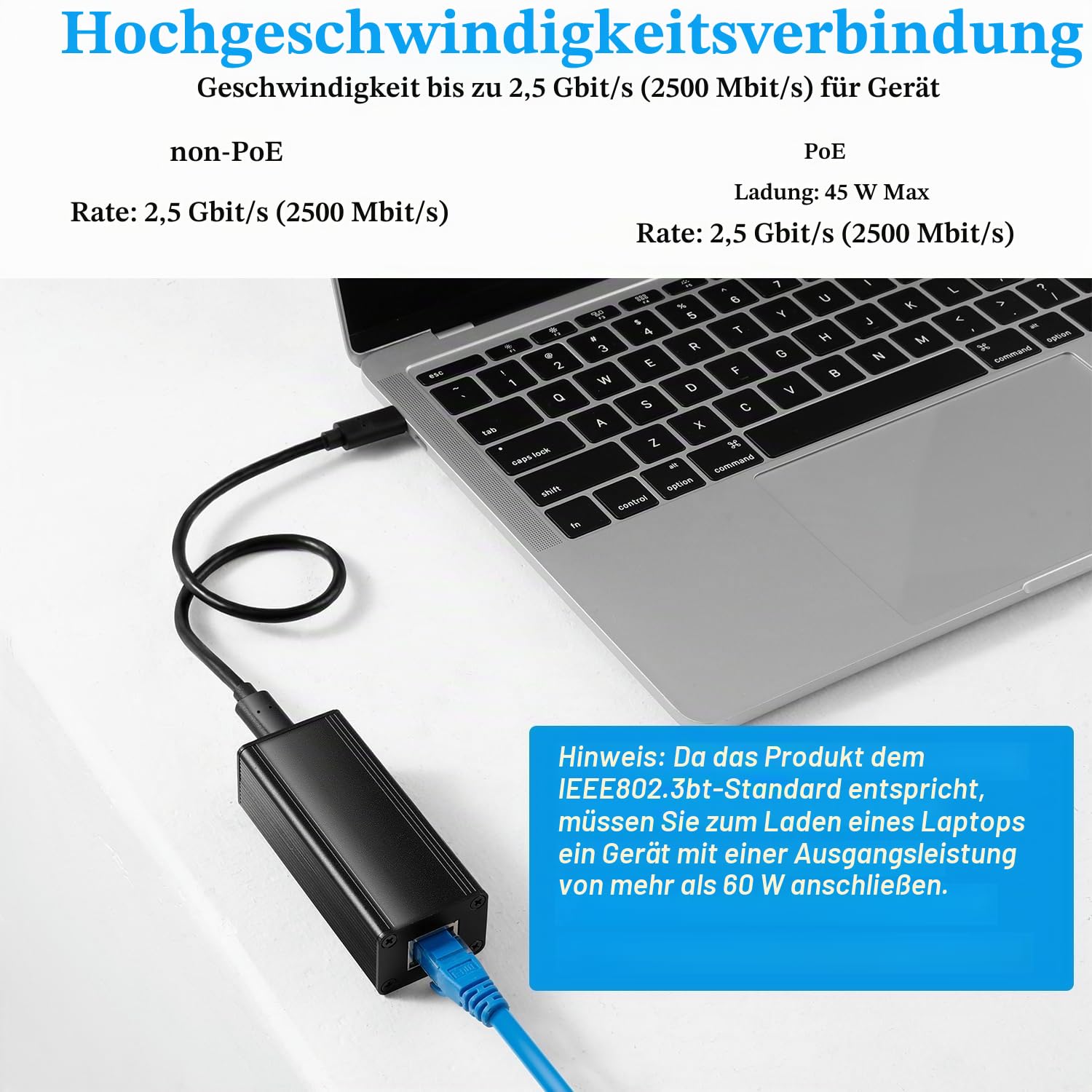 PoE 2.5G zu USB-C Adapter, Typ-C Ausgangsleistung und Ethernet 2 in 1, 20V 45W Max Ladeleistung und 2.5Gbps Geschwindigkeit für Phone/Tablet/Laptop, IEEE802.3af/at konform (2.5GPD2CBT-20V)