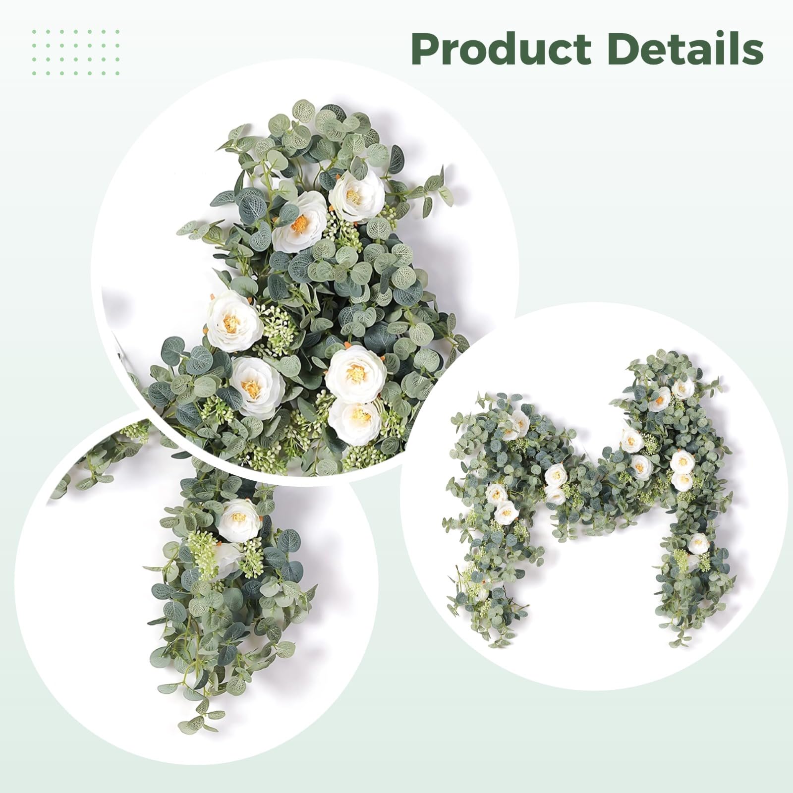 Eukalyptus-Girlande 78 Zoll, 198,1 cm Blumenvine mit künstlichen Blättern und Kamelien, künstliche Blattgirlande für Zuhause, Hochzeit und Restaurant, dichte grüne Optik für Elegante Dekoration