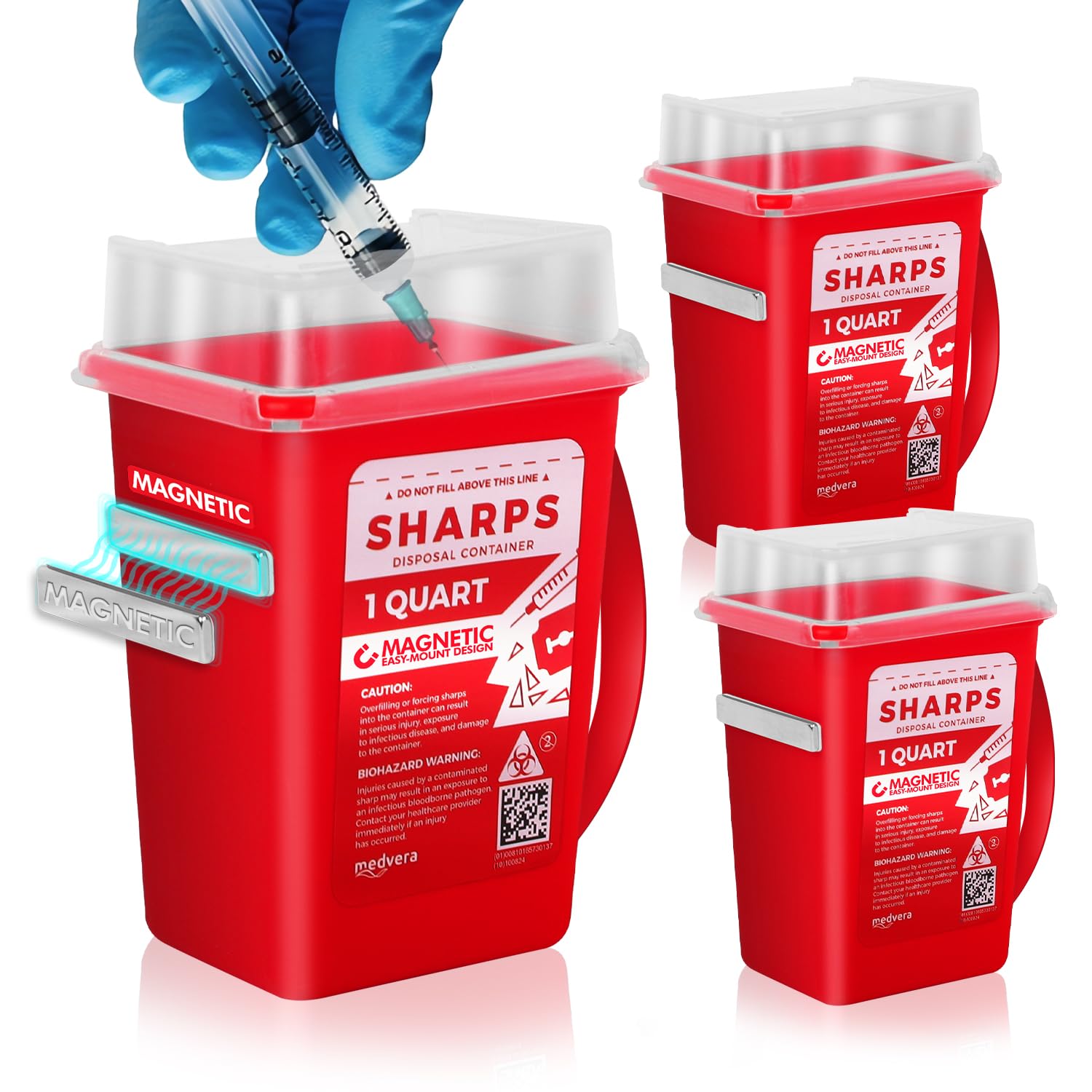 Medvera Disposable Sharps Container with Magnet Easy Mounting (3-PK) - Leak-Proof, Portable, Wall-Mountable, Self Fasteners, 1 Quart for Needles &