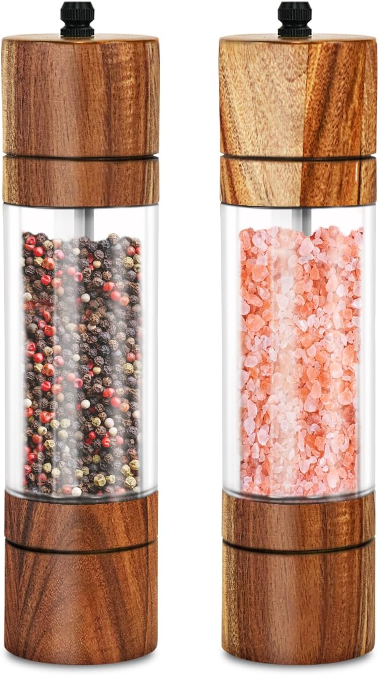Premium Acrylic Salt and Pepper Grinder Set, Manual Salt and Pepper Mills- Wooden Shakers with Adjustable Ceramic Core-Salt Grinder and Pepper Mill -8 Inches-Pack of 2